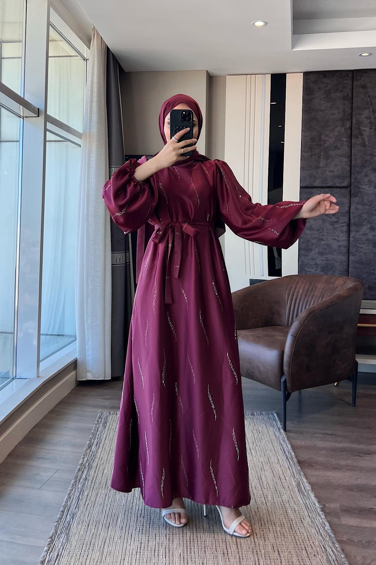 Üzeri Taş Detay Saten Elbise BordoDubaiShowroomELBİSELER01146