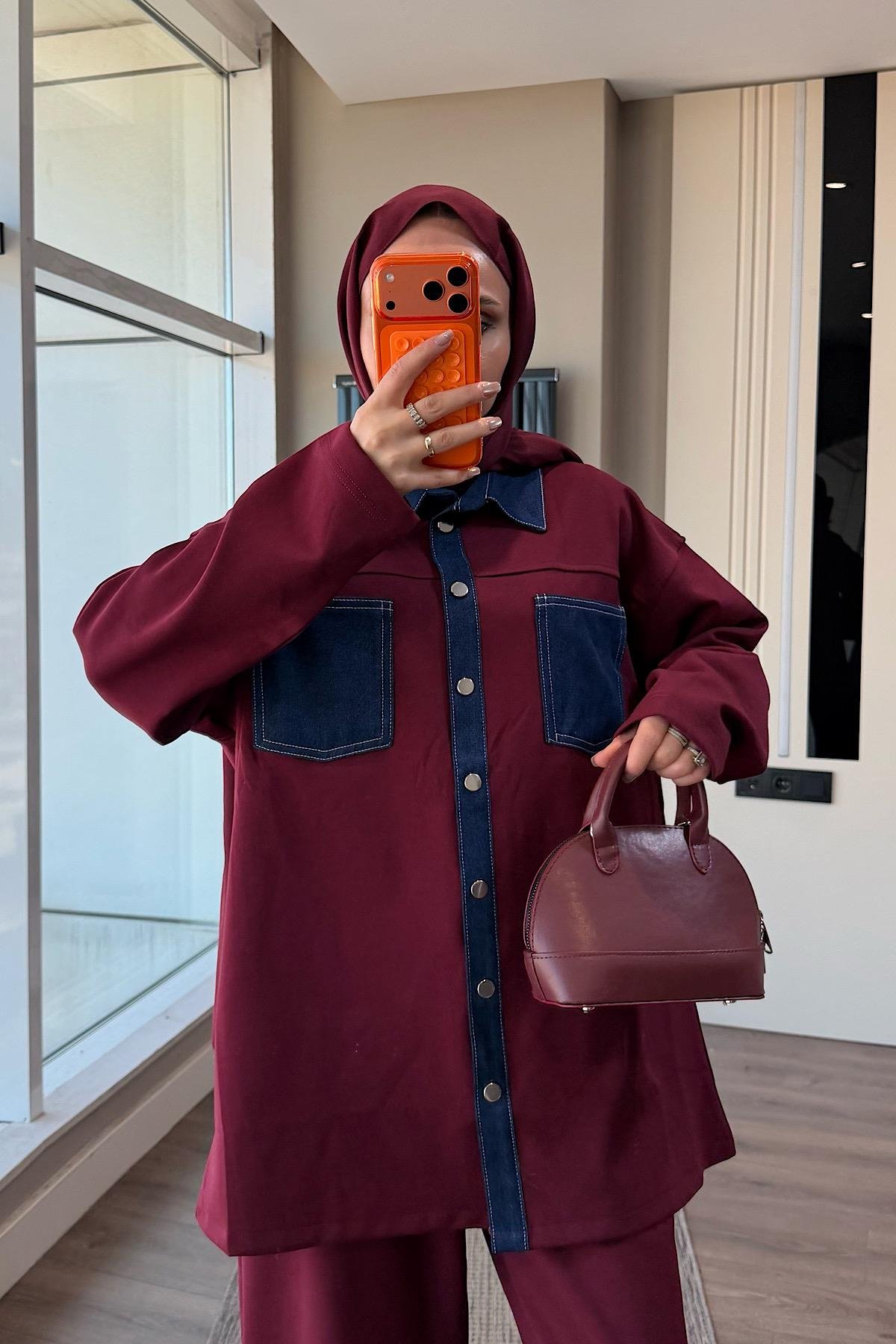 Denim Detaylı Oysho Takım BordoDubaiShowroomTAKIM06053