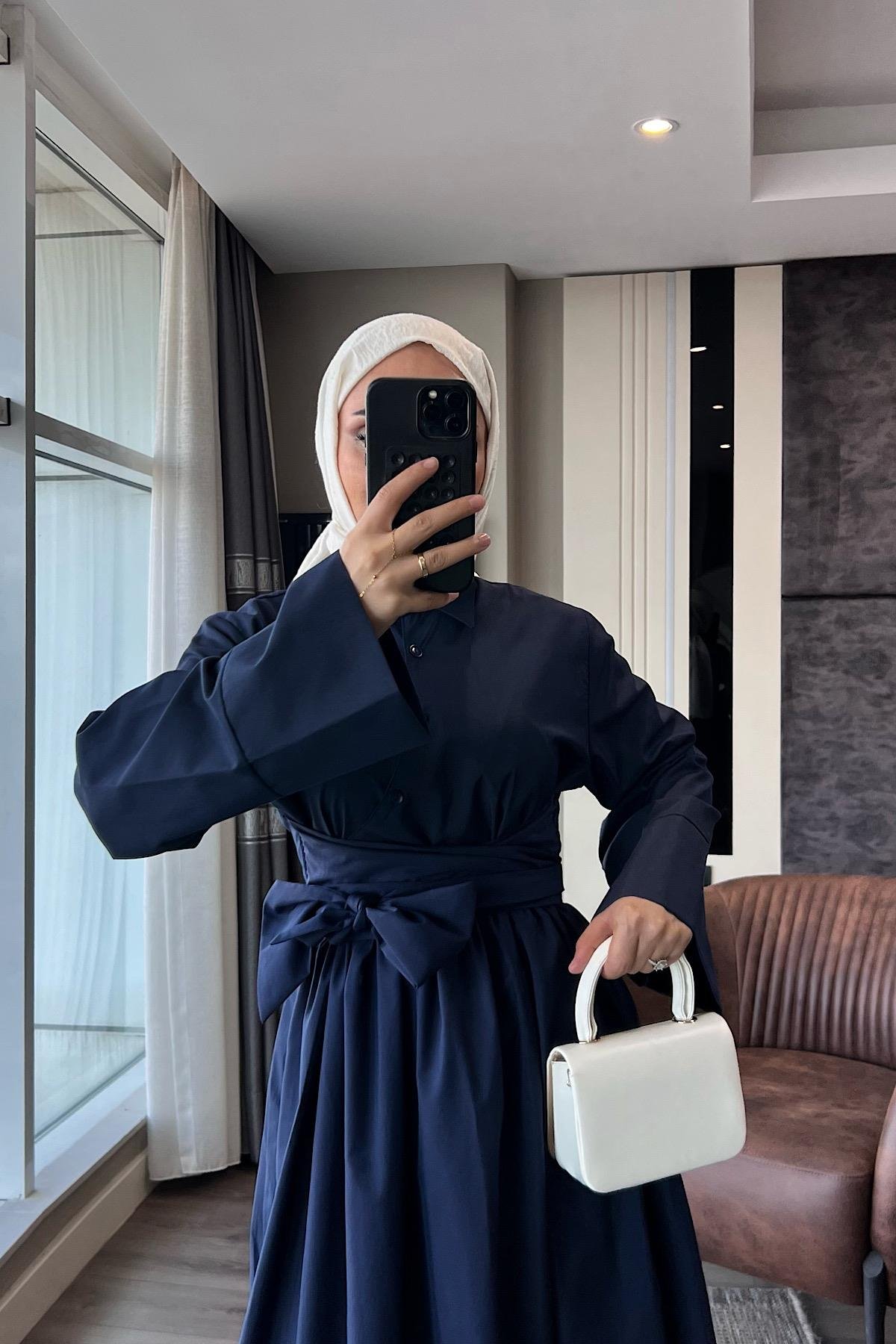 Bağlama Detaylı Poplin Elbise Lacivert DubaiShowroomELBİSELER01045