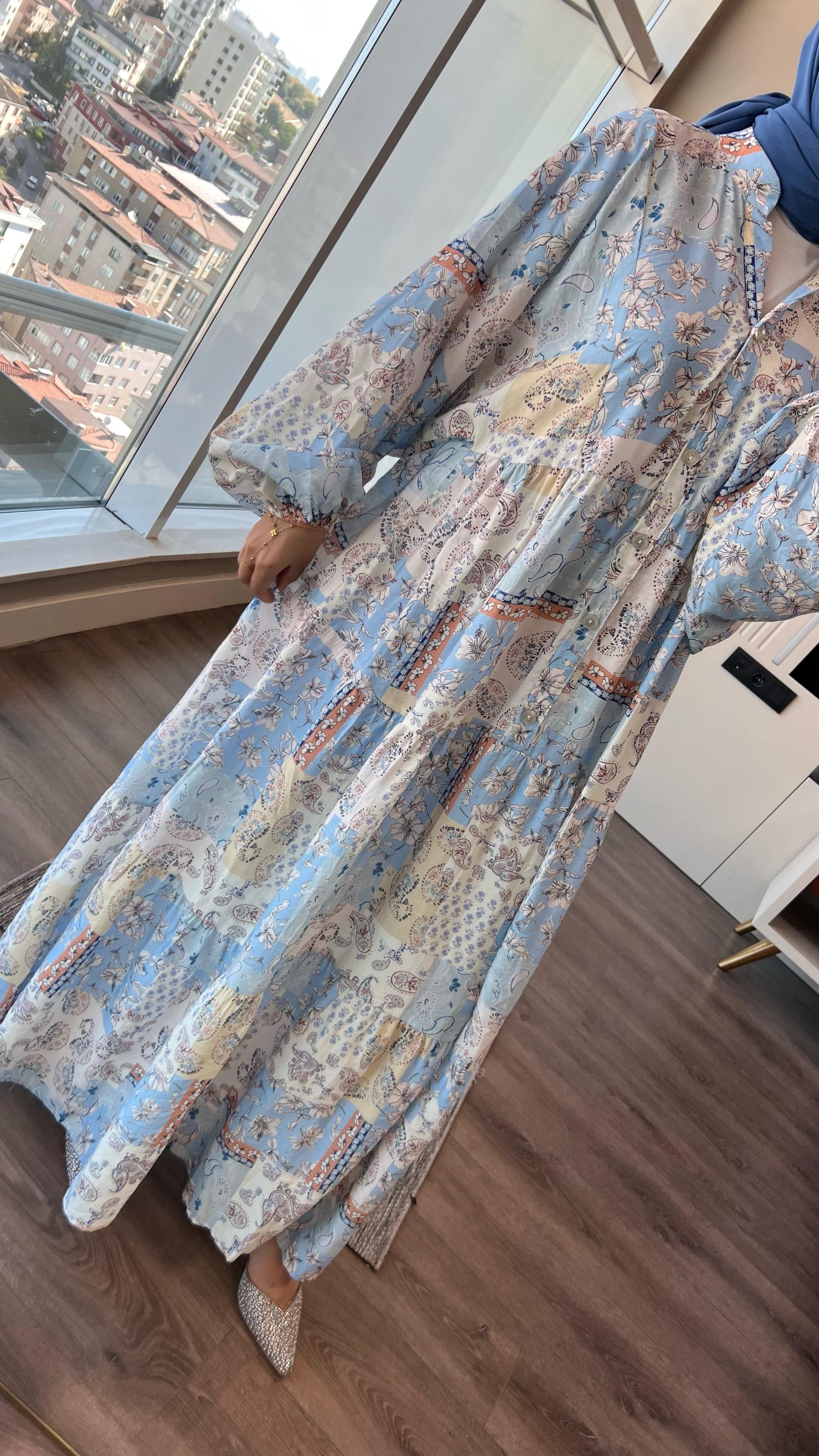 Yarım Patlı Desenli Elbise MaviDubaiShowroomELBİSELER01551-MAVİ