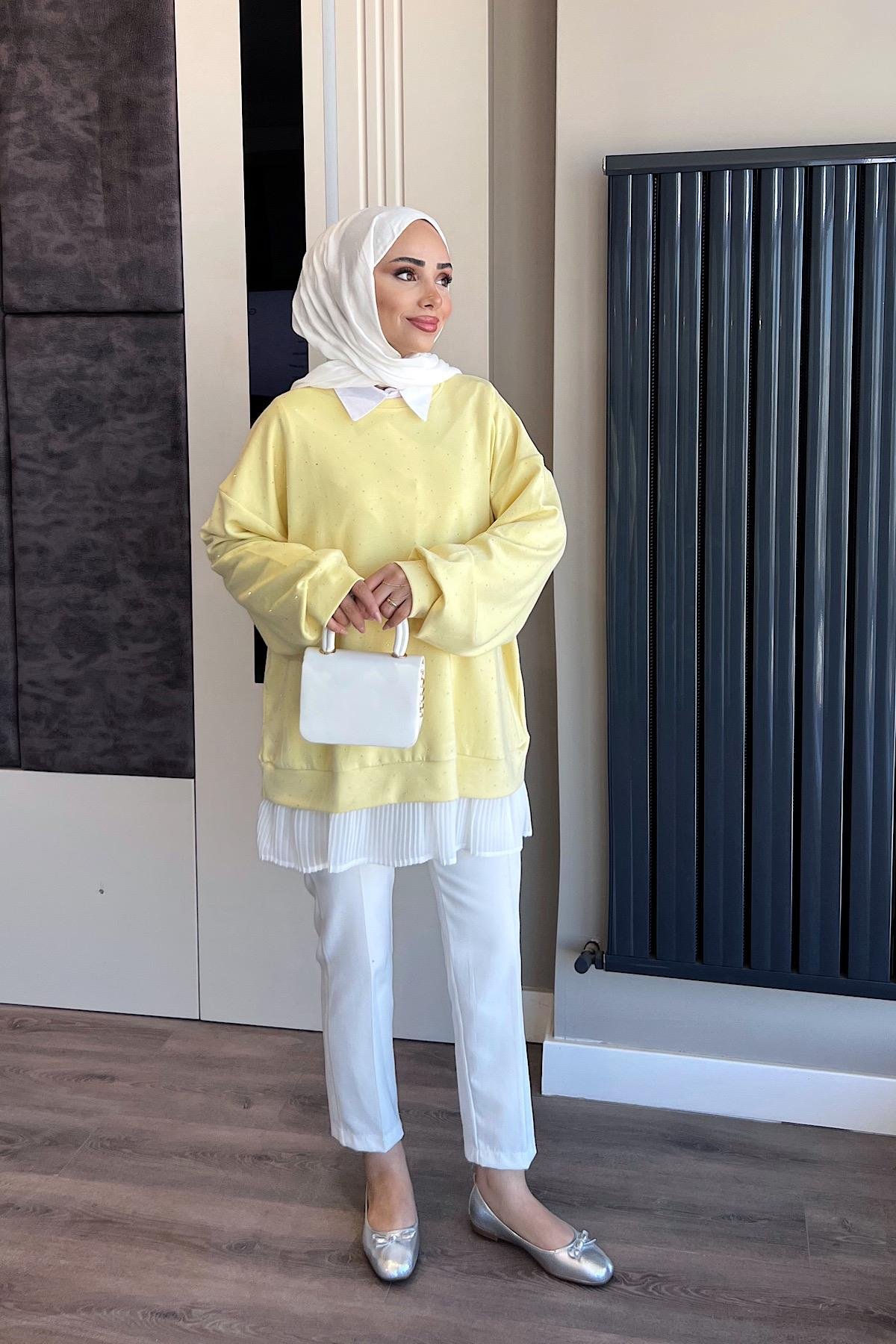 Kendinden Pileli Taşlı Sweat SarıDubaiShowroomSWEAT01069