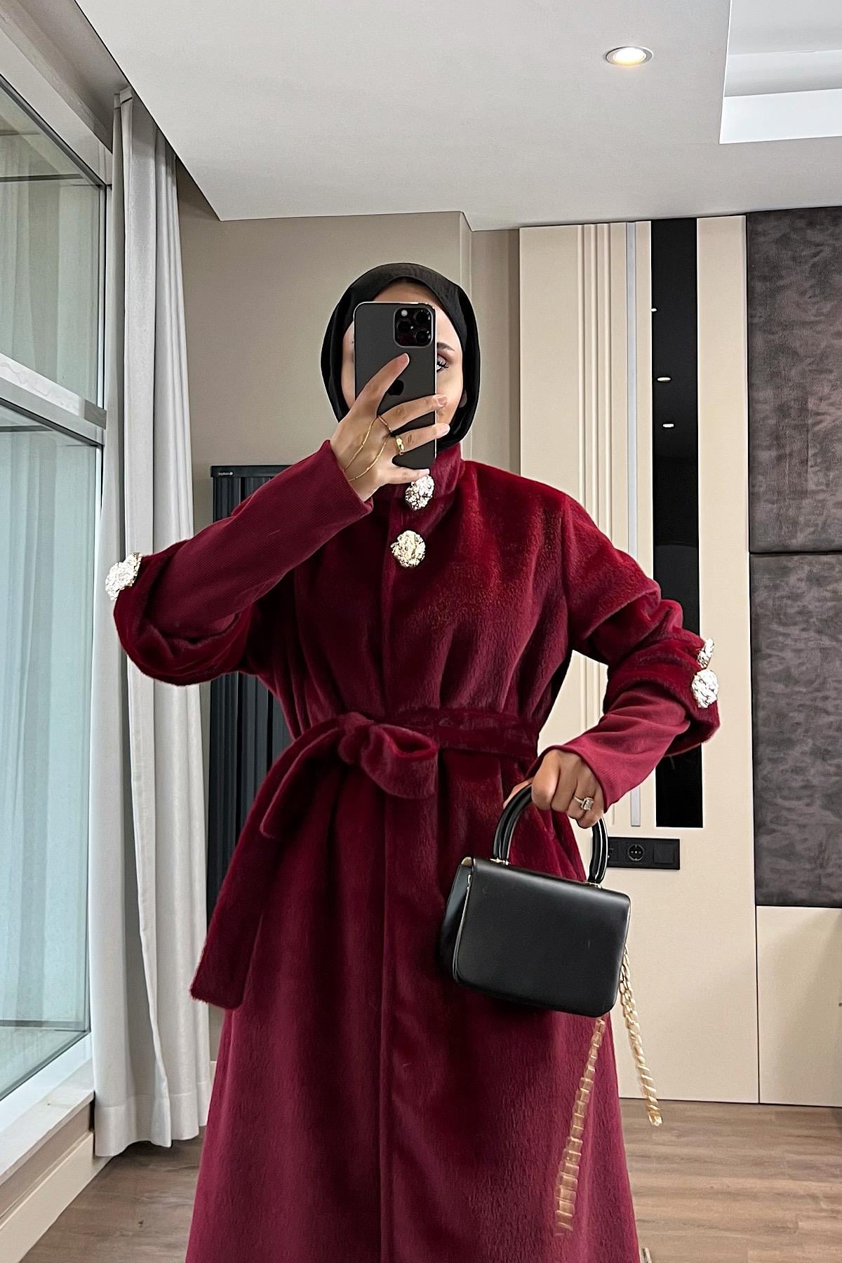 Kol Ribanalı Angora Kaban BordoDubaiShowroomDIŞ GİYİM09159