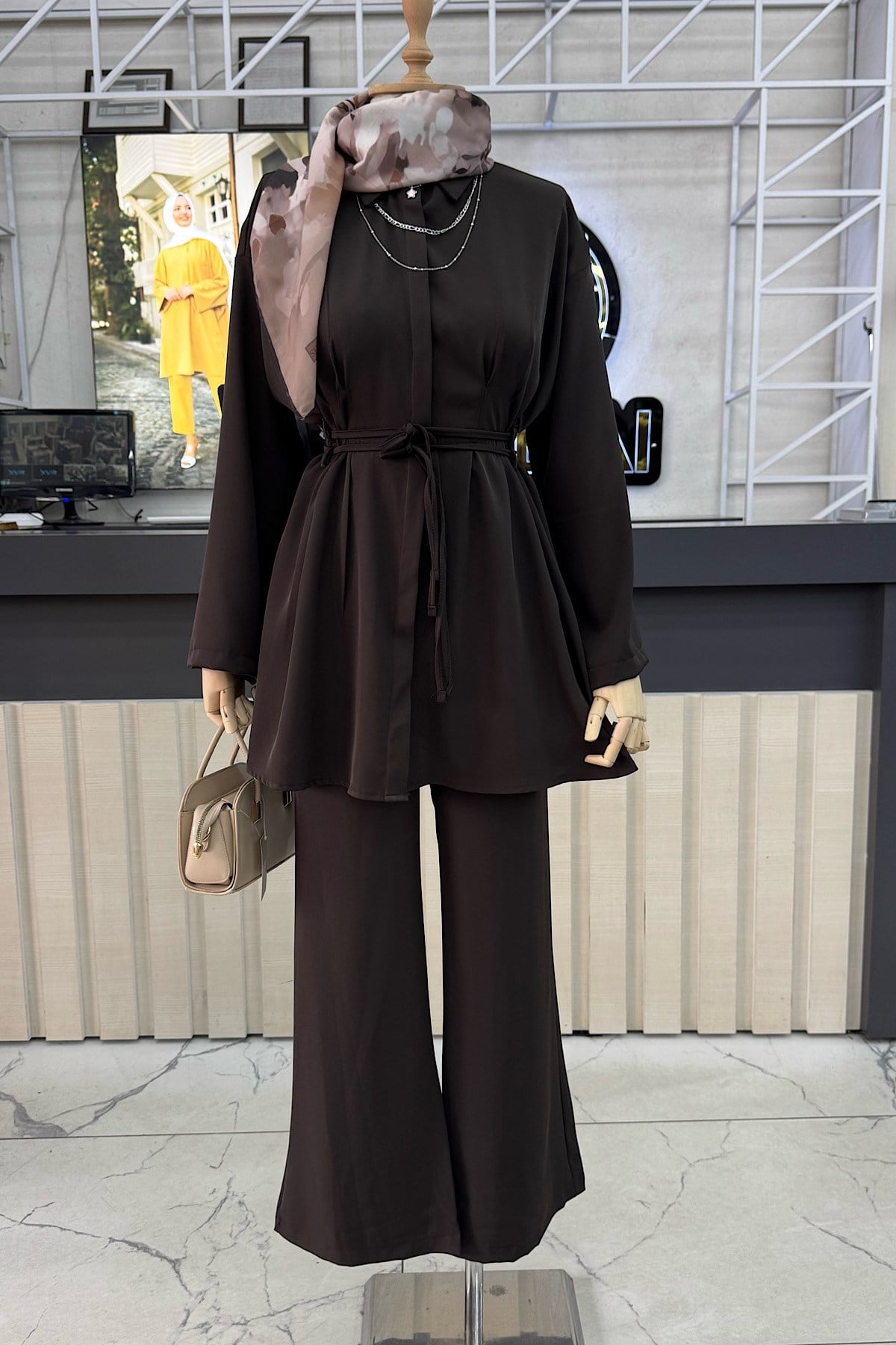 Beli Bağcıklı İkili Saten Takım Kahverengi DubaiShowroomTAKIM03011