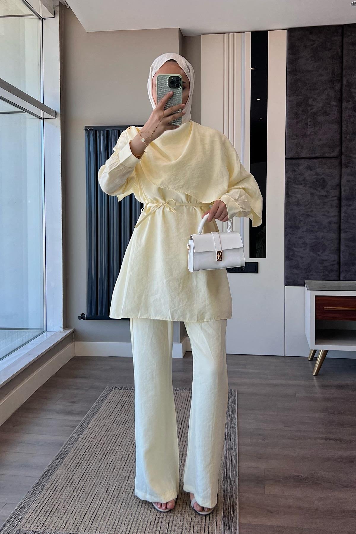 Omuz Şal Atkı Detay Takım SarıDubaiShowroomTAKIM07426-SARI