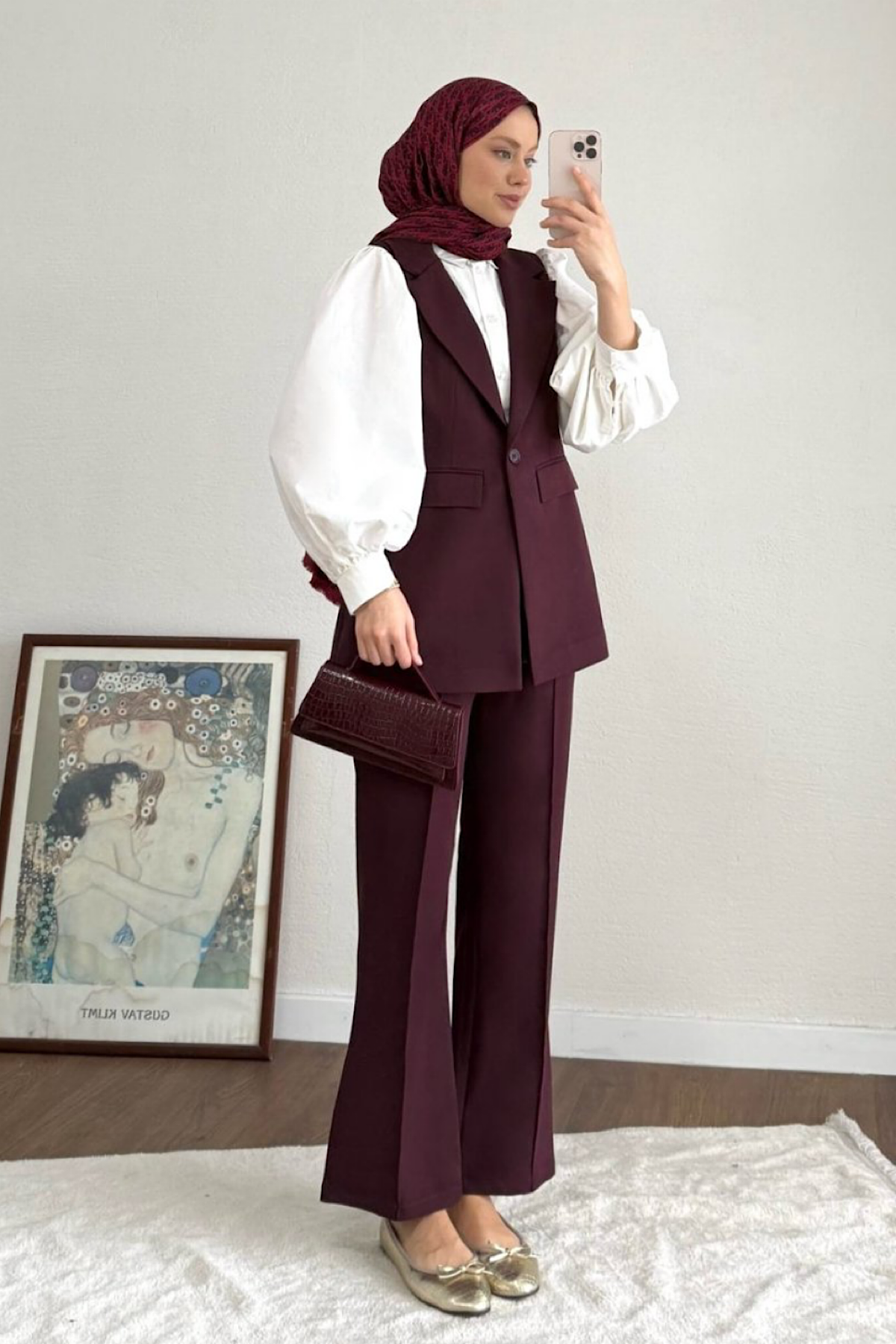 Tek Düğmeli Yelekli Takım BordoDubaiShowroomTAKIM26033