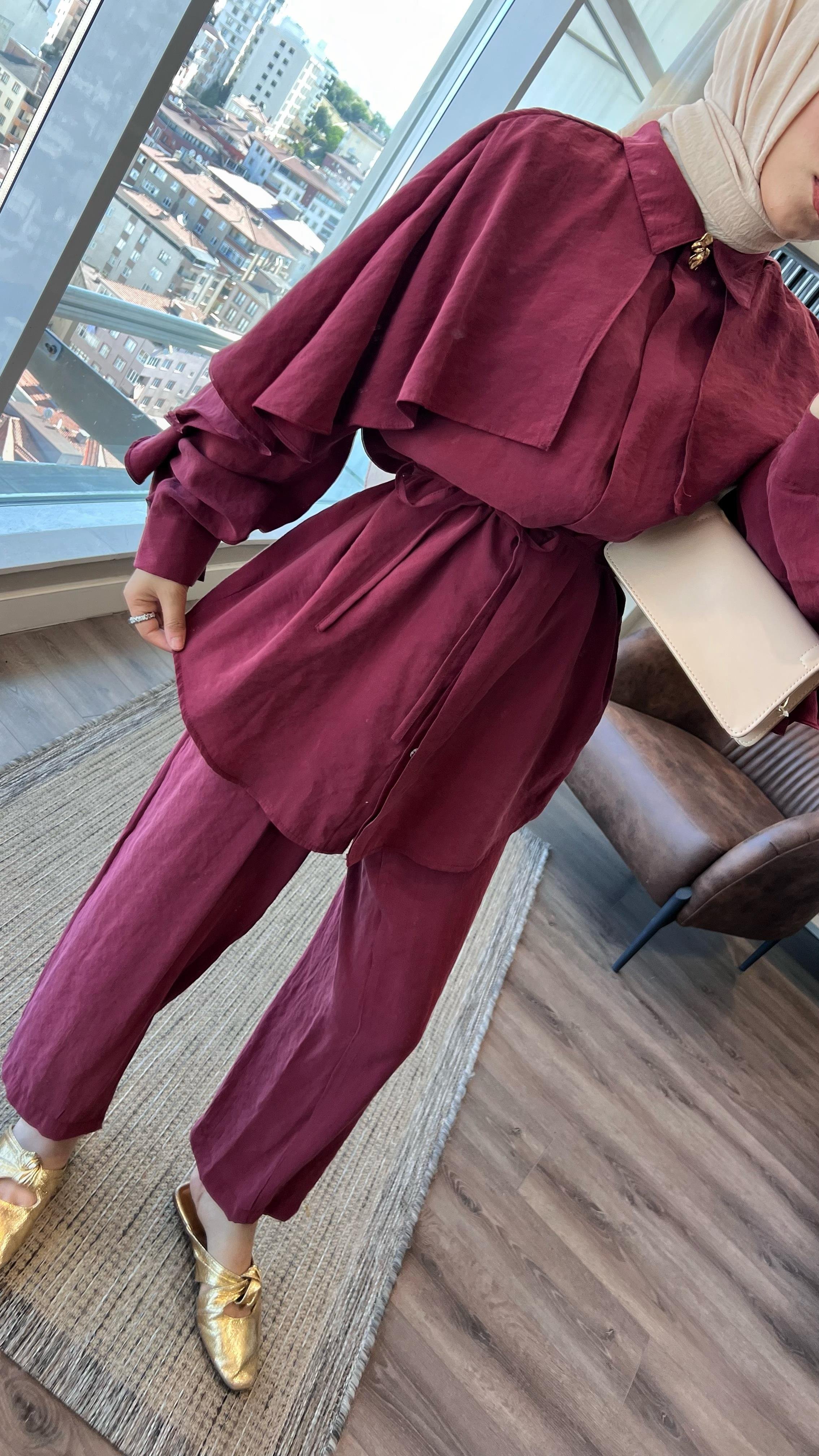 Kolları fırfırlı Takım BordoDubaiShowroomTAKIM22729