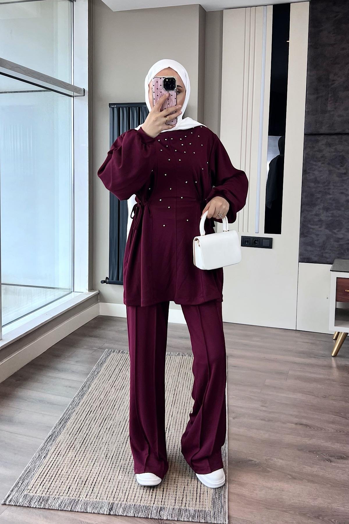 Taşlı İkili Takım BordoDubaiShowroomTAKIM41544