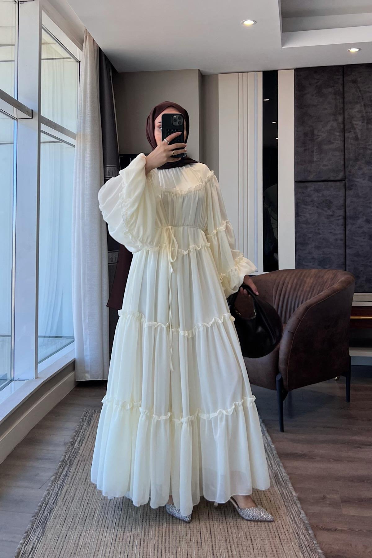 Fırfırlı Şifon Elbise KremDubaiShowroomELBİSELER9886