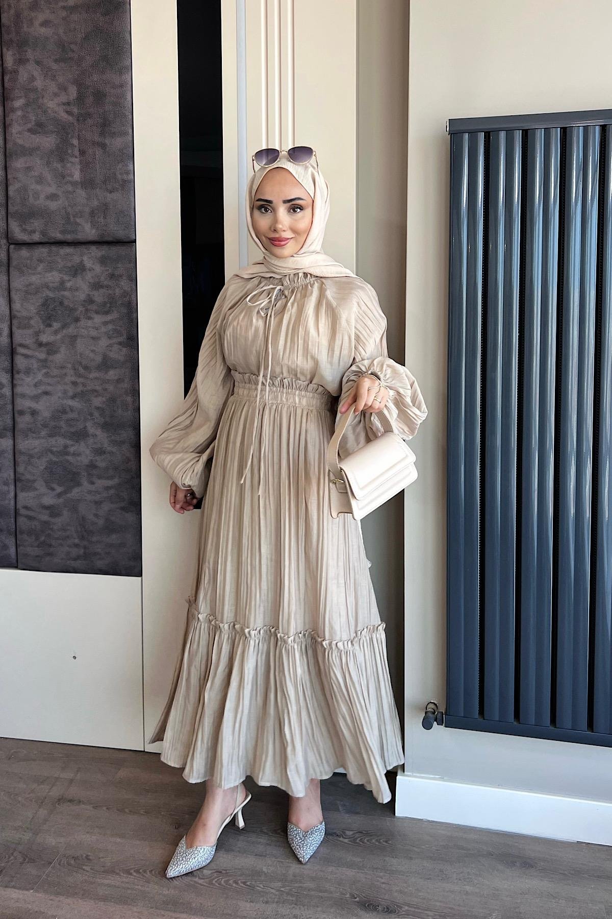 Kraşlı Vual Etekli Takım VizonDubaiShowroomTAKIM02326-VZN