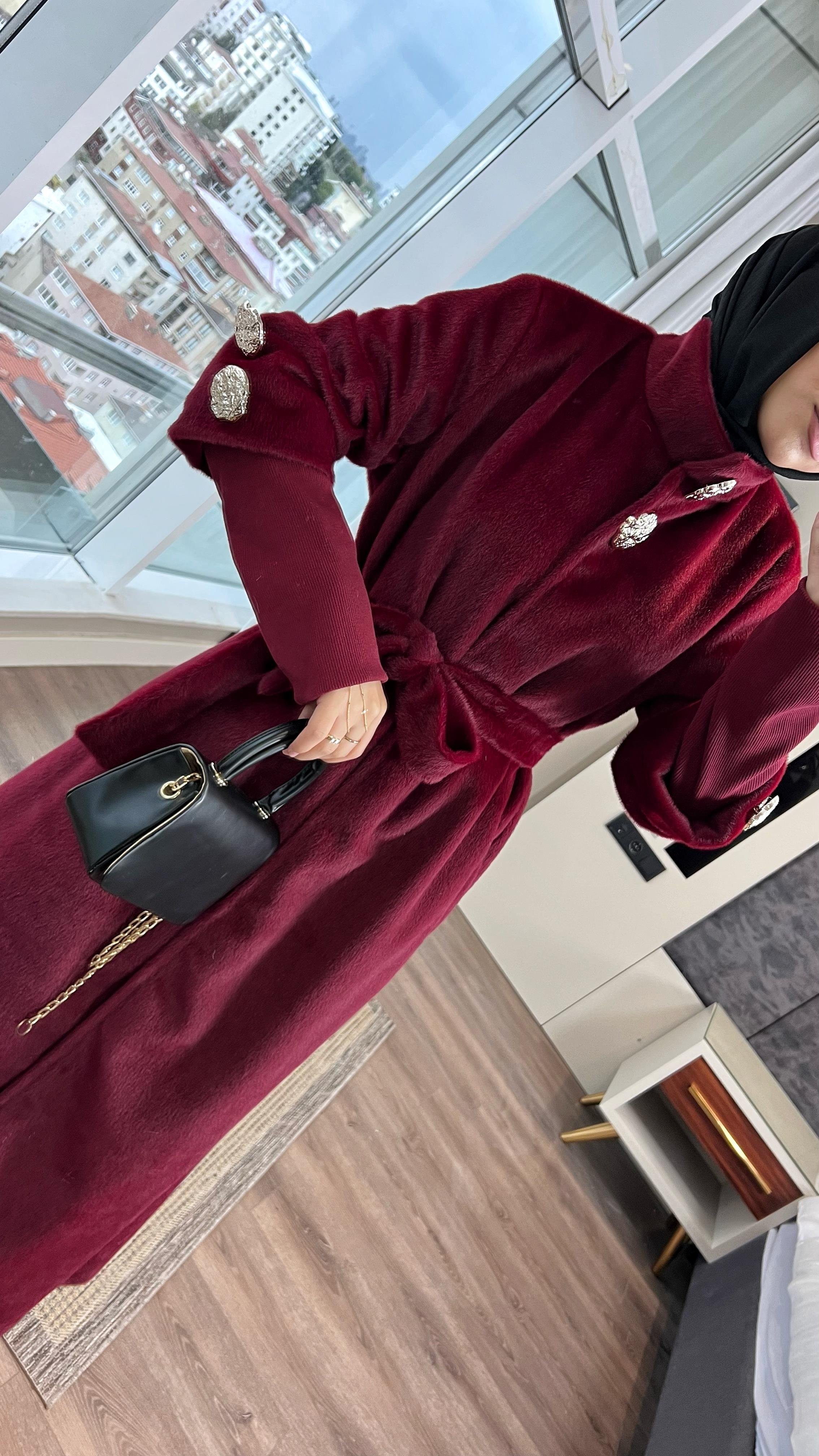 Kol Ribanalı Angora Kaban BordoDubaiShowroomDIŞ GİYİM09159