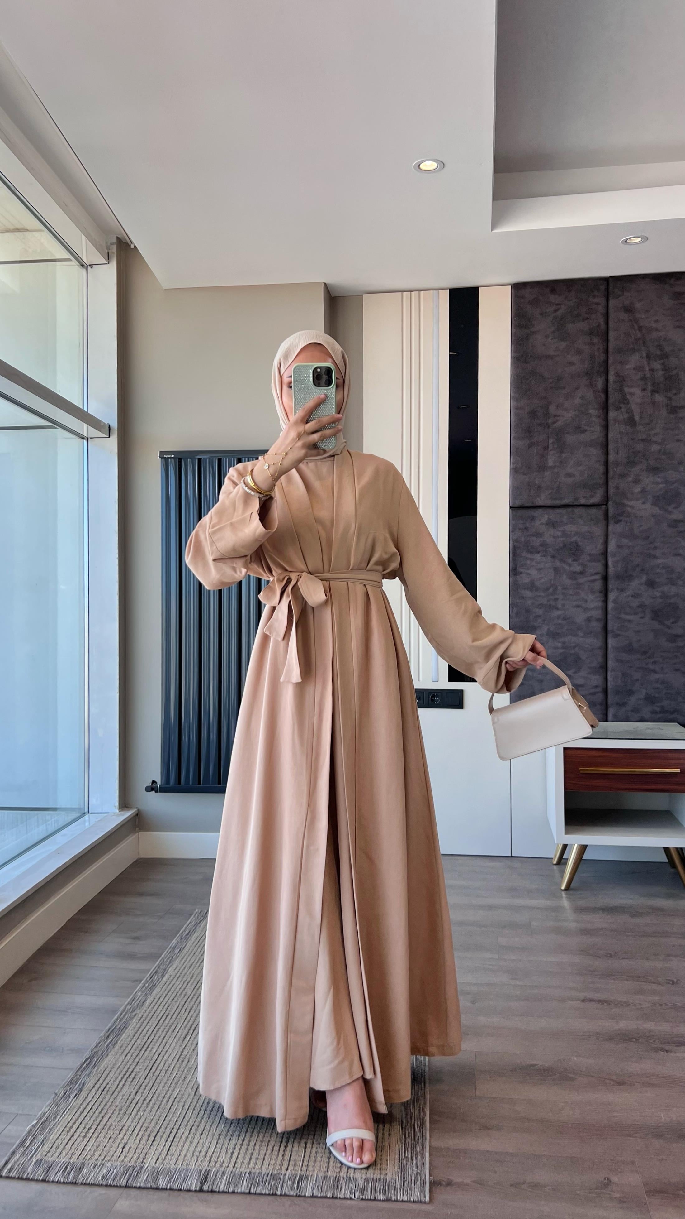 İçi Sıfır Kol İkili Abaya Takım CamelDubaiShowroomELBİSELER049190-CML