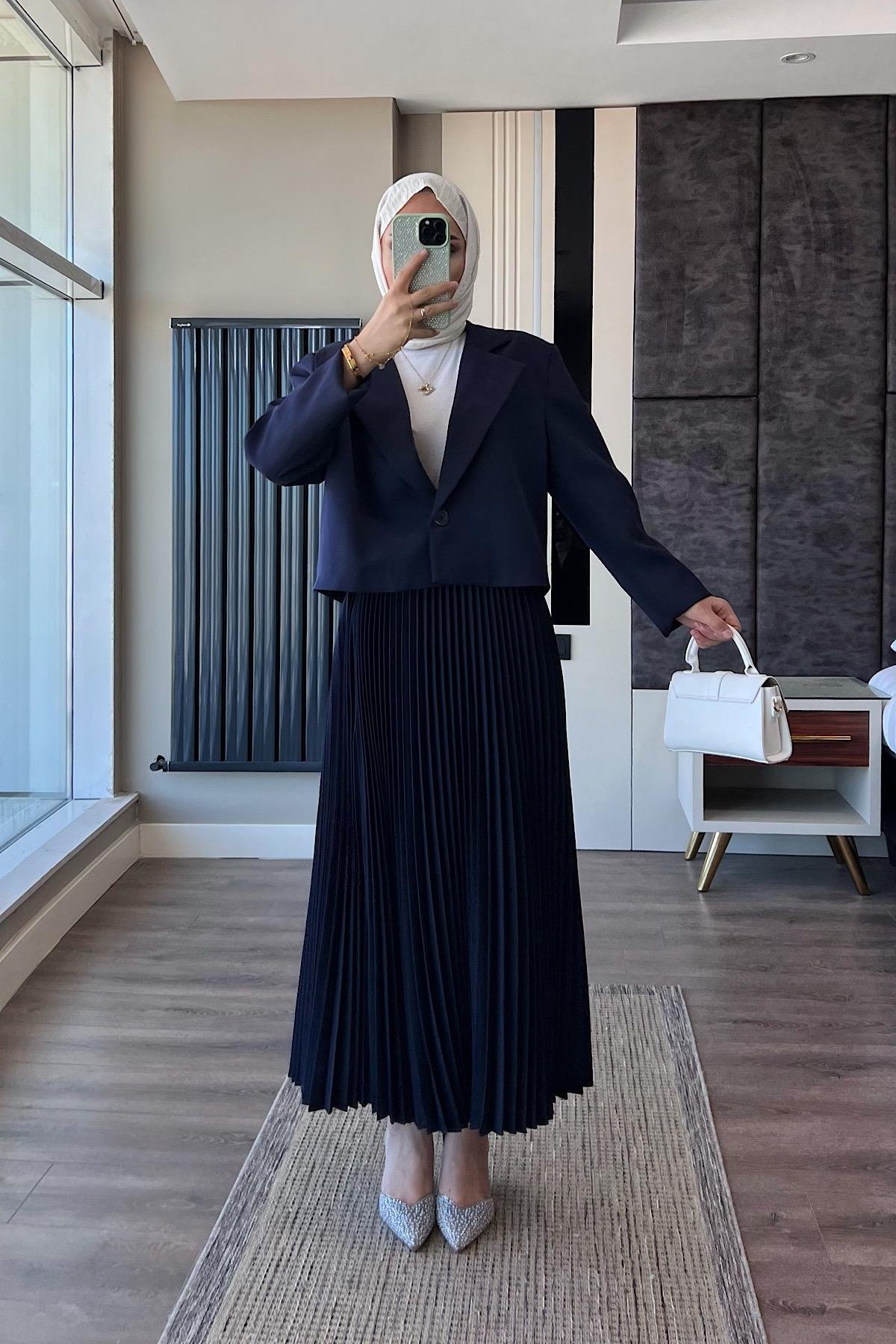 Piliseli Etekli Takım Lacivert DubaiShowroomTAKIM41319-LCVRT