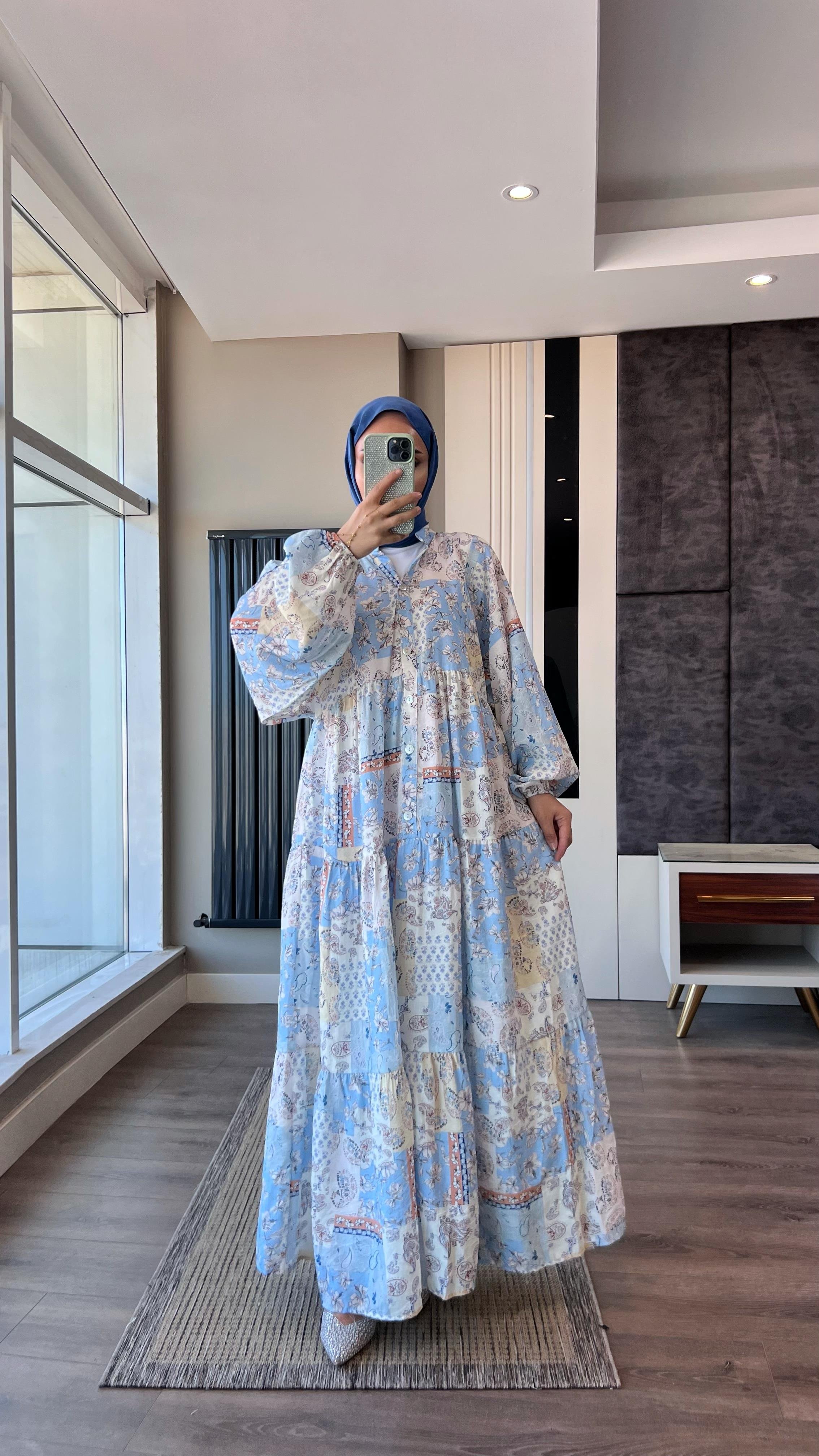 Yarım Patlı Desenli Elbise MaviDubaiShowroomELBİSELER01551-MAVİ