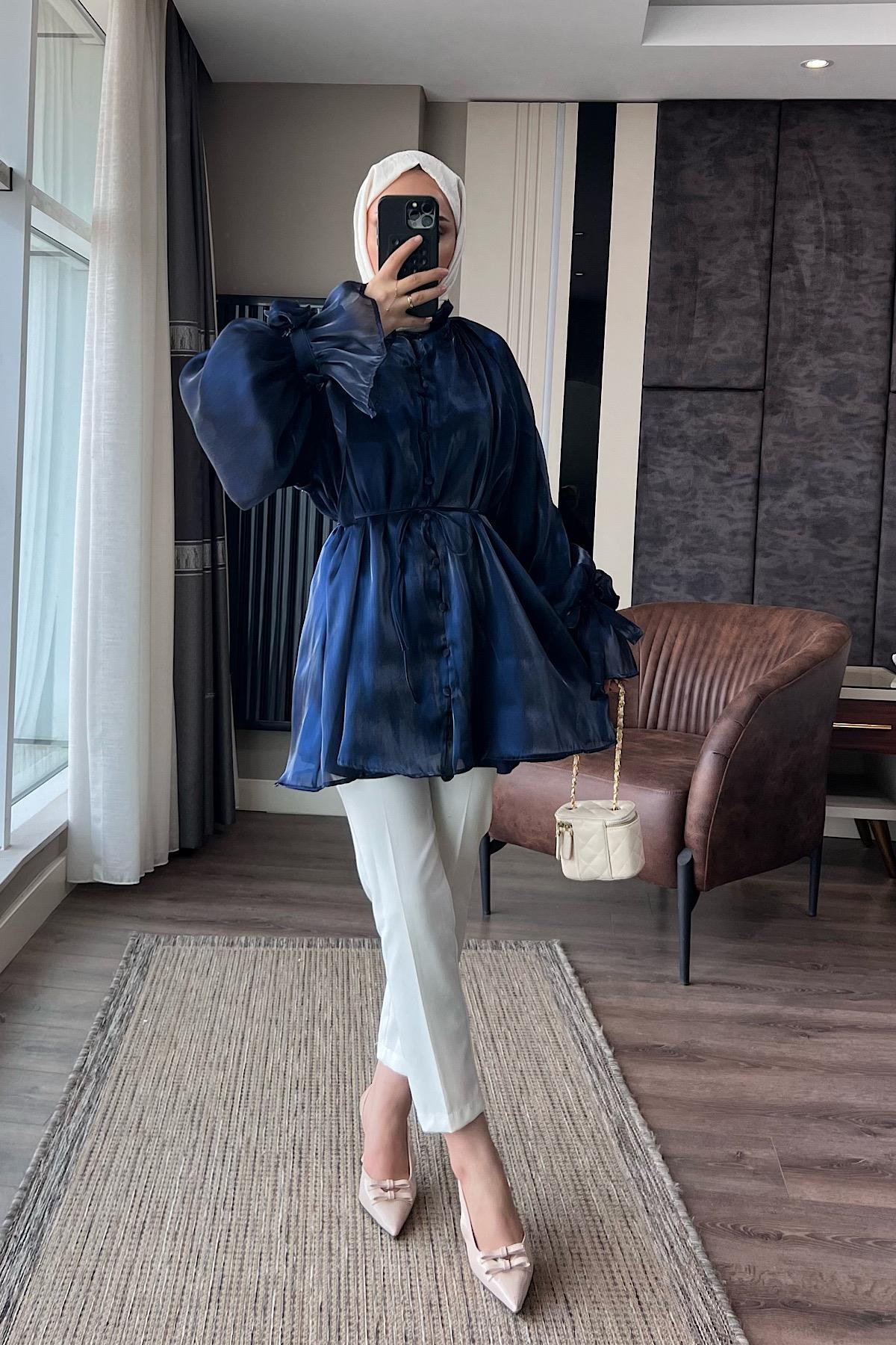 Organze Gül Detaylı Tunik LacivertDubaiShowroomÜST GİYİM8971