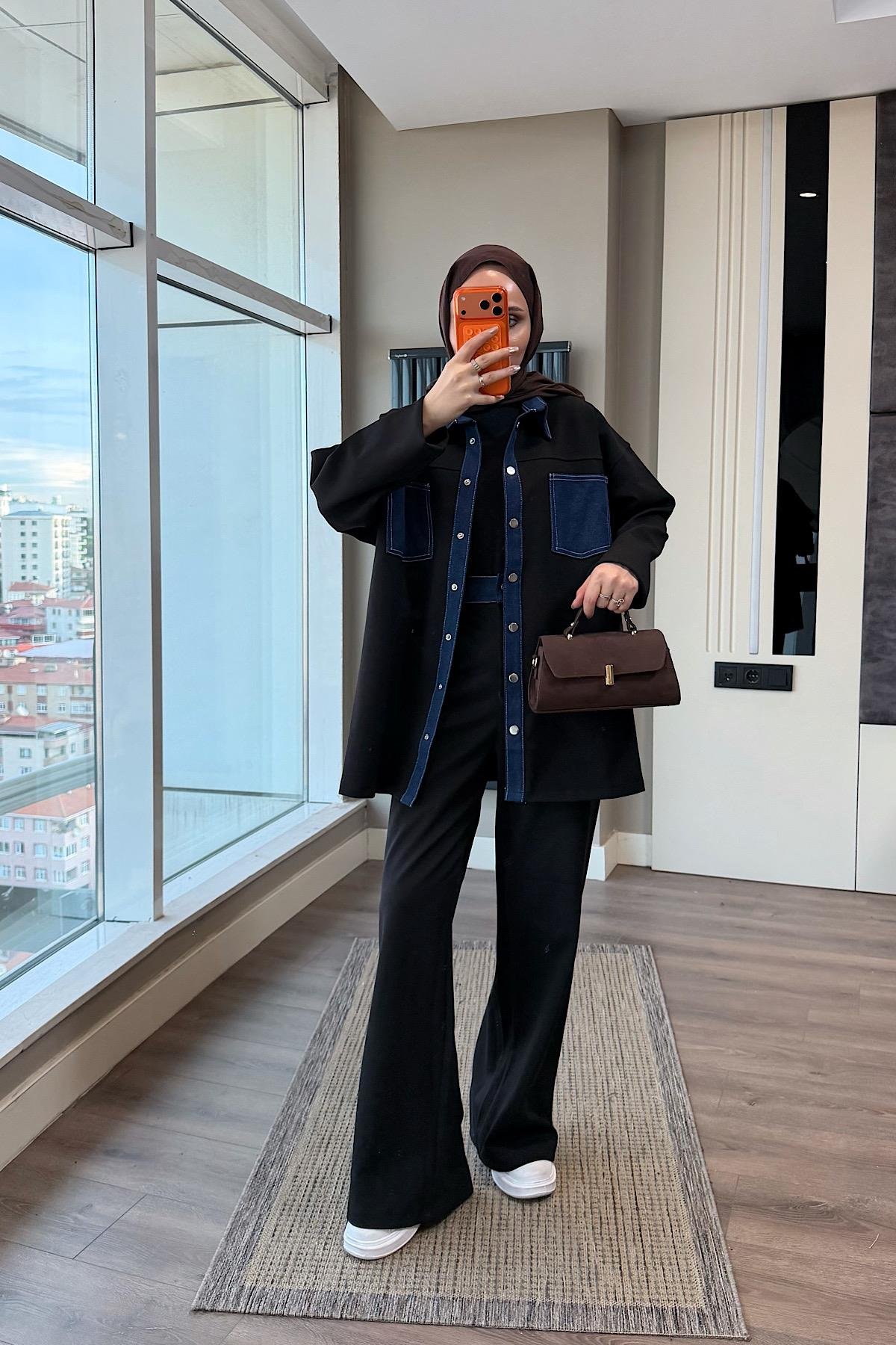 Denim Detaylı Oysho Takım SiyahDubaiShowroomTAKIM06053