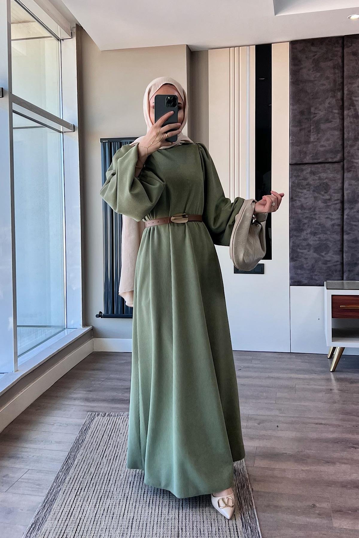 Kemerli Balon Kol Elbise YeşilDubaiShowroomELBİSELER01151