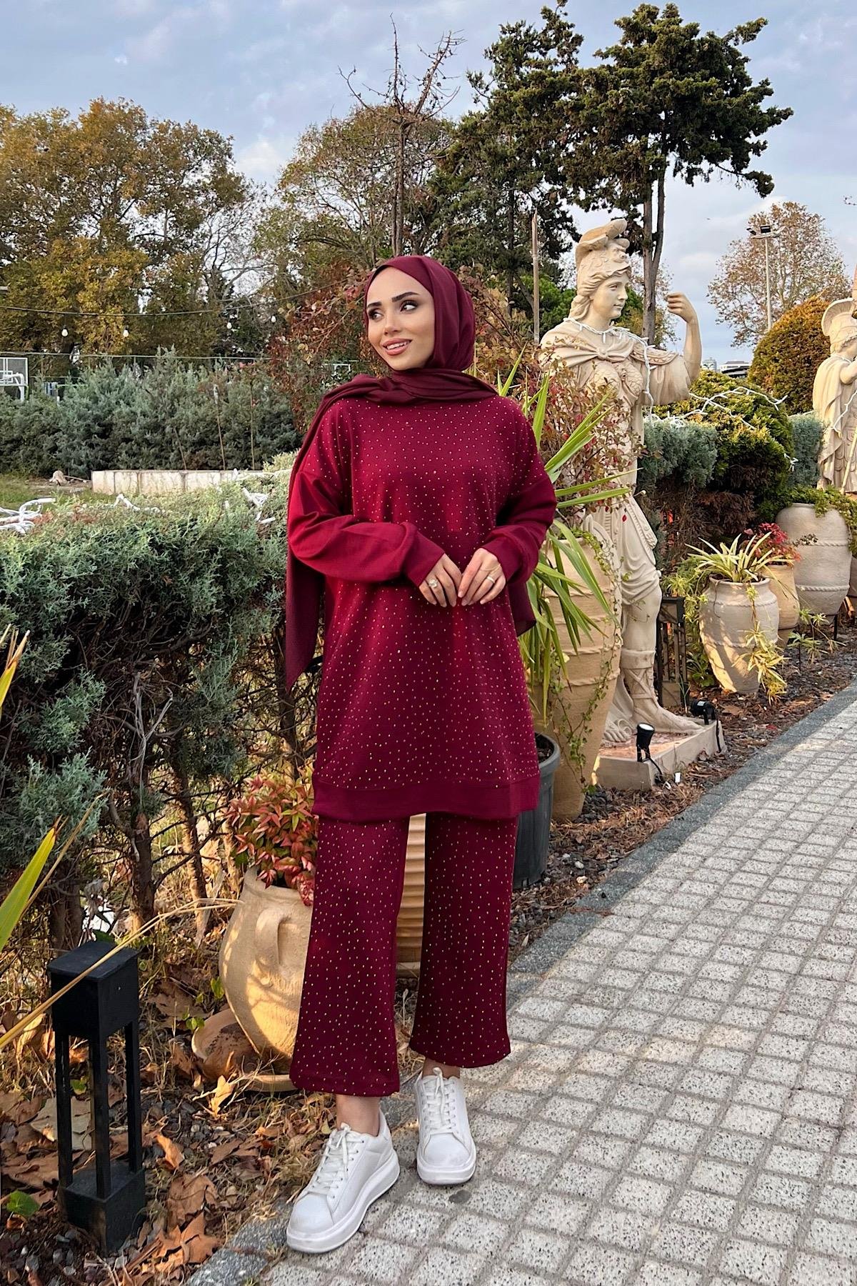 Taşlı Oysho İkili Takım BordoDubaiShowroomTAKIM010935