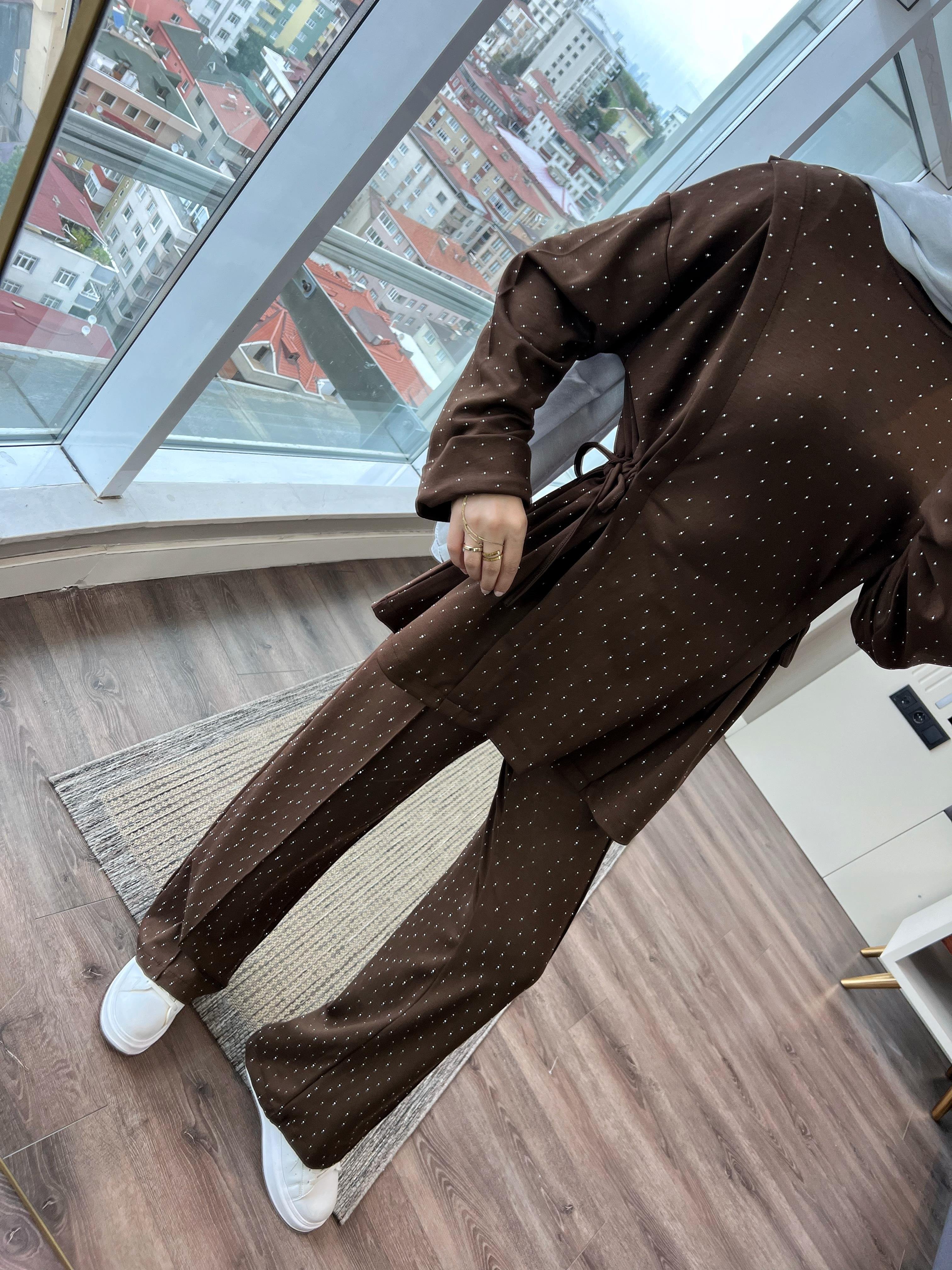 Yandan Bağcıklı Taşlı Oysho Takım Kahverengi DubaiShowroomTAKIM01039