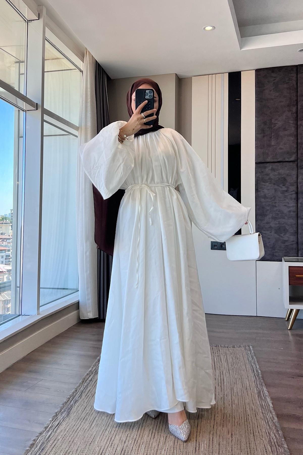 Balon kol Elbise beyaz DubaiShowroomELBİSELER0183