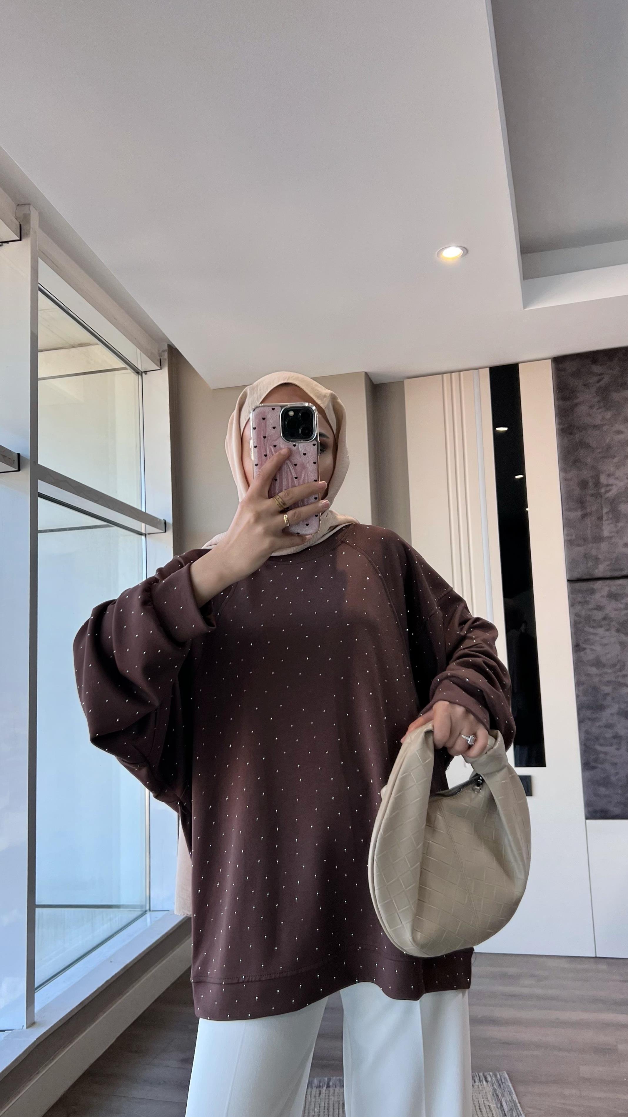 Pamuklu Taşlı Sweat Kahverengi DubaiShowroomÜST GİYİM202894