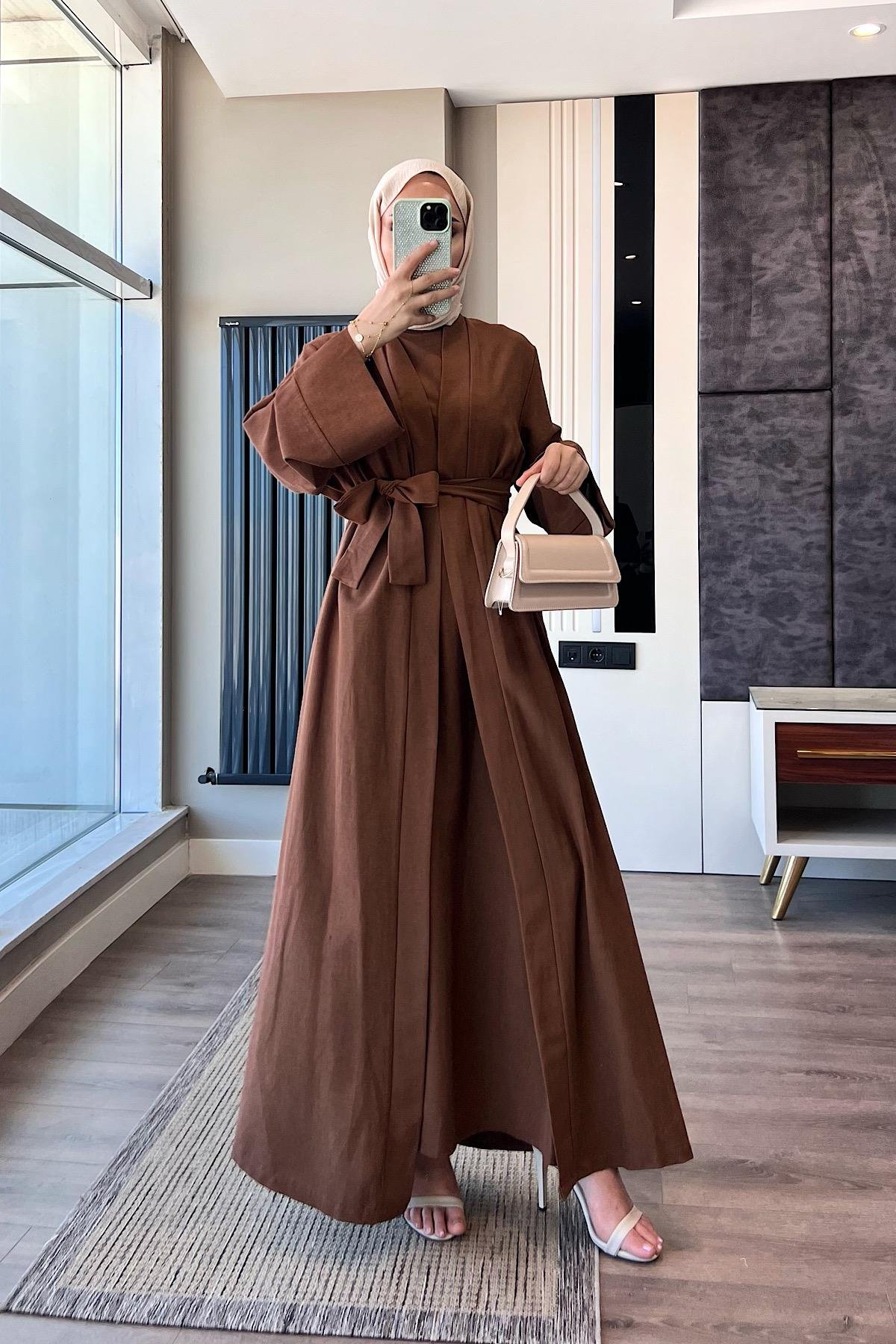 İçi Sıfır Kol İkili Abaya TakımTarçınDubaiShowroomELBİSELER049190-TRÇN