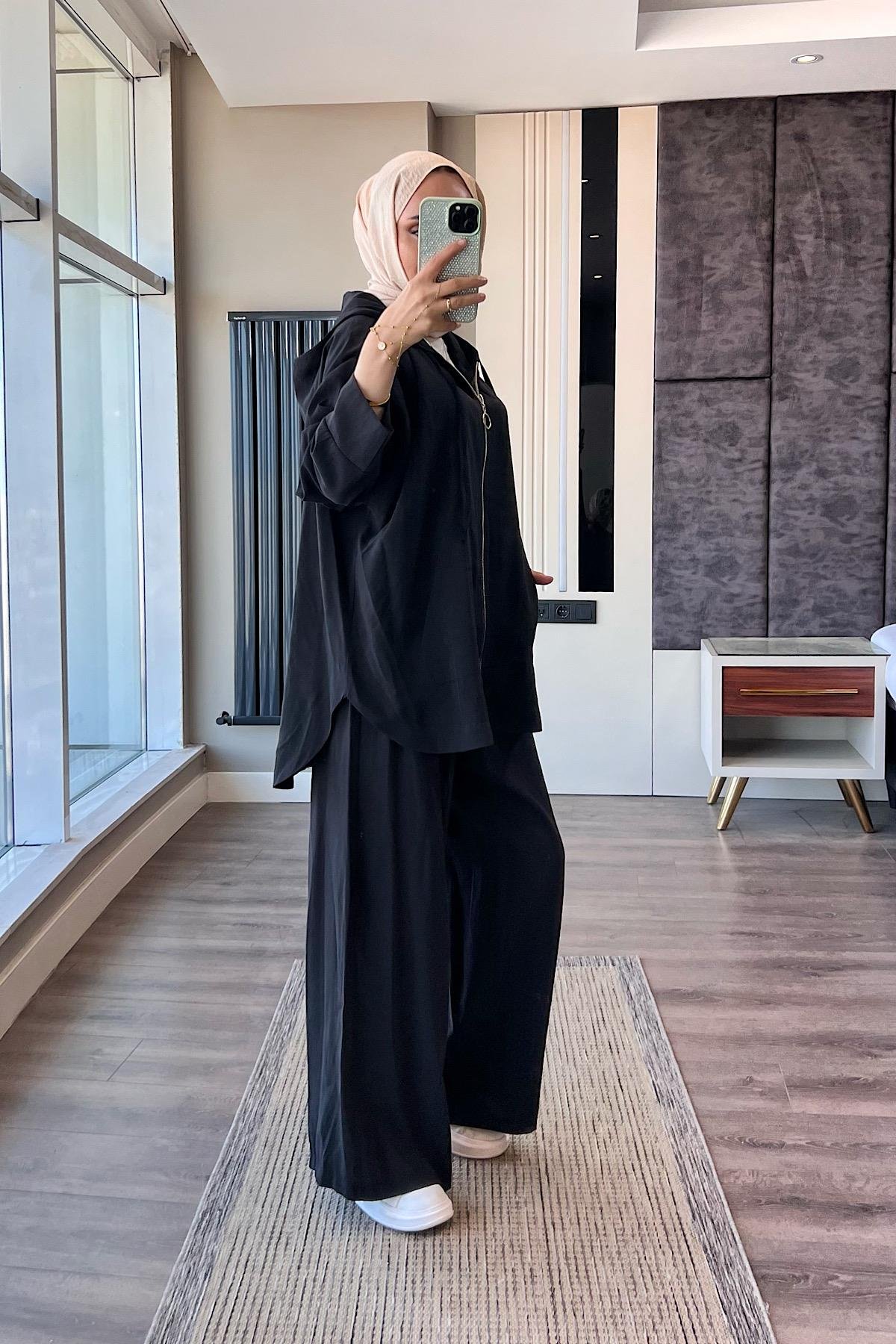 Fermuarlı Kapşonlu Takım SiyahDubaiShowroomTAKIM02323-SYH