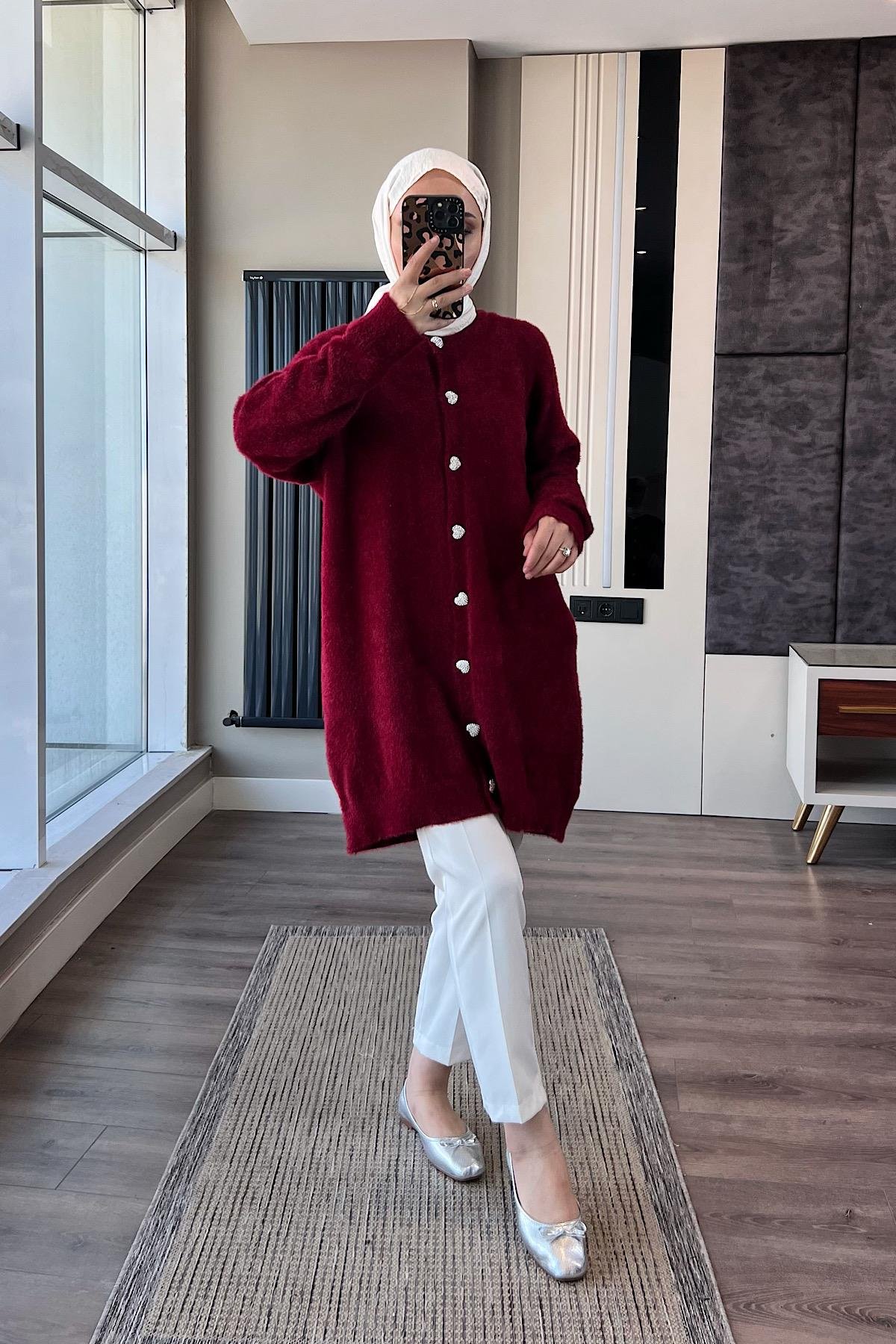 Kalp Düğmeli Yumoş hırka BordoDubaiShowroomTAKIM97979