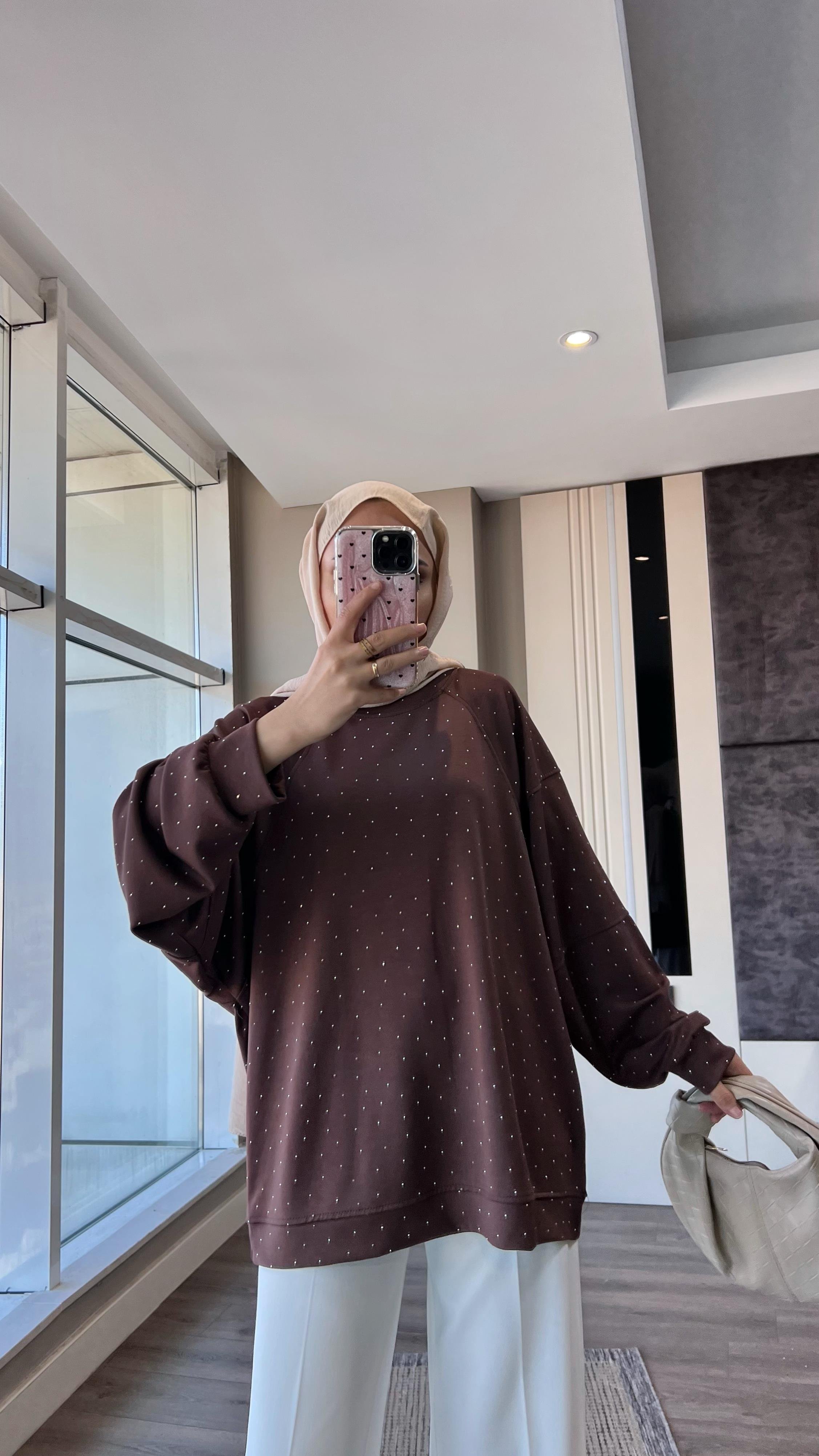 Pamuklu Taşlı Sweat Kahverengi DubaiShowroomÜST GİYİM202894