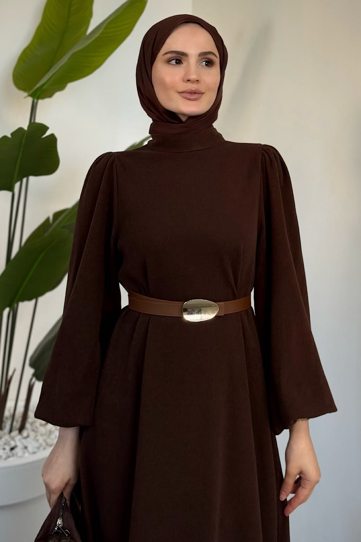 Kemerli Balon Kol Elbise Kahverengi DubaiShowroomELBİSELER01151