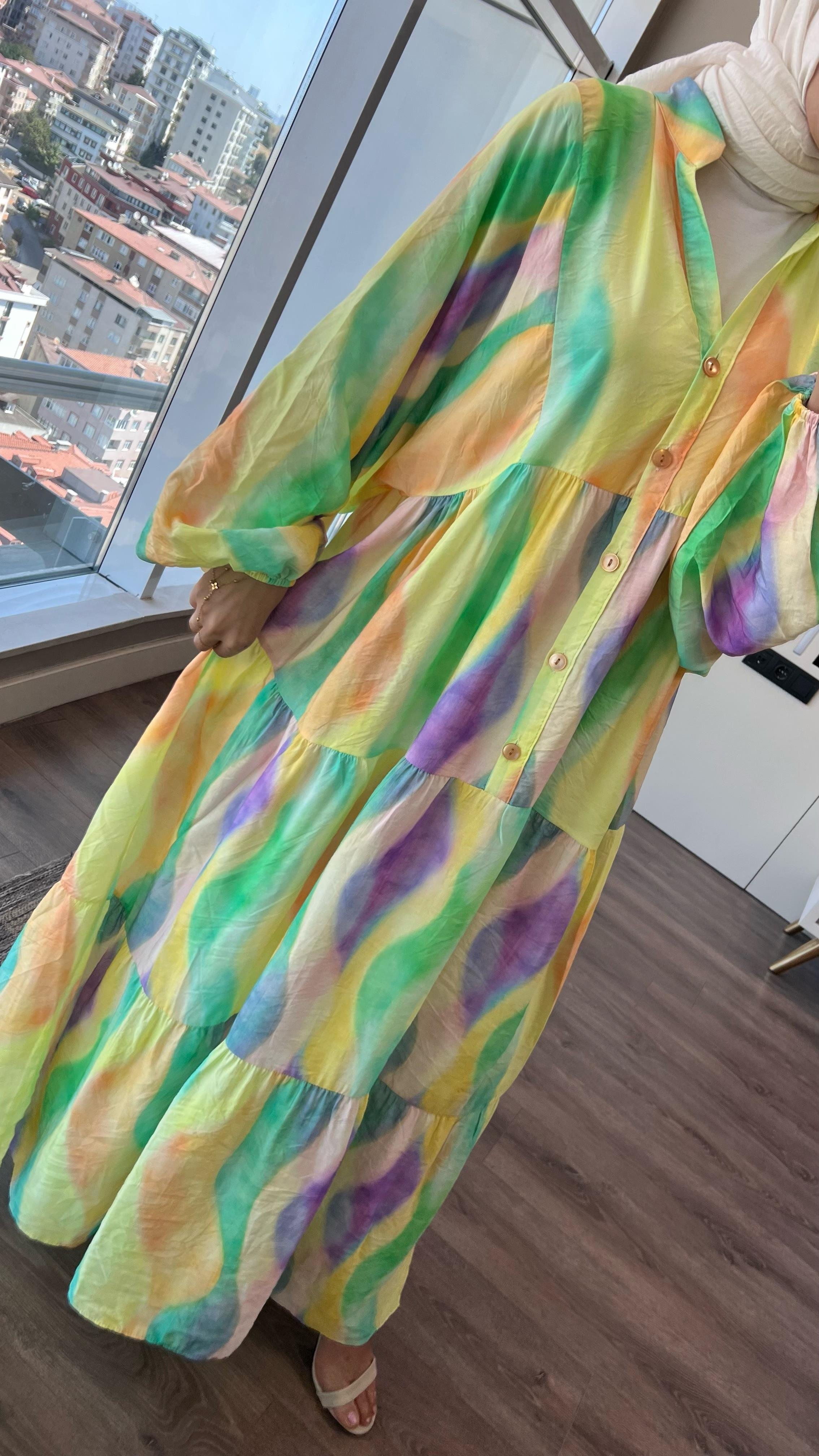 Yarım Patlı Desenli Elbise Sarı-MorDubaiShowroomELBİSELER01551-SARI