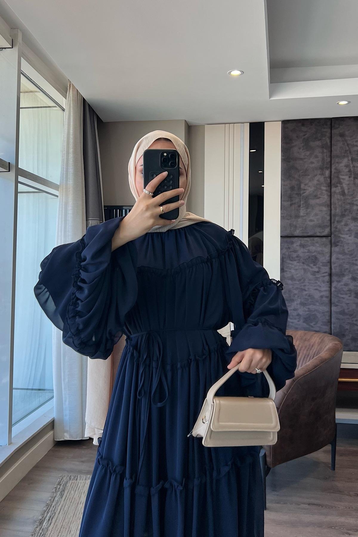 Fırfırlı Şifon Elbise LacivertDubaiShowroomELBİSELER9886