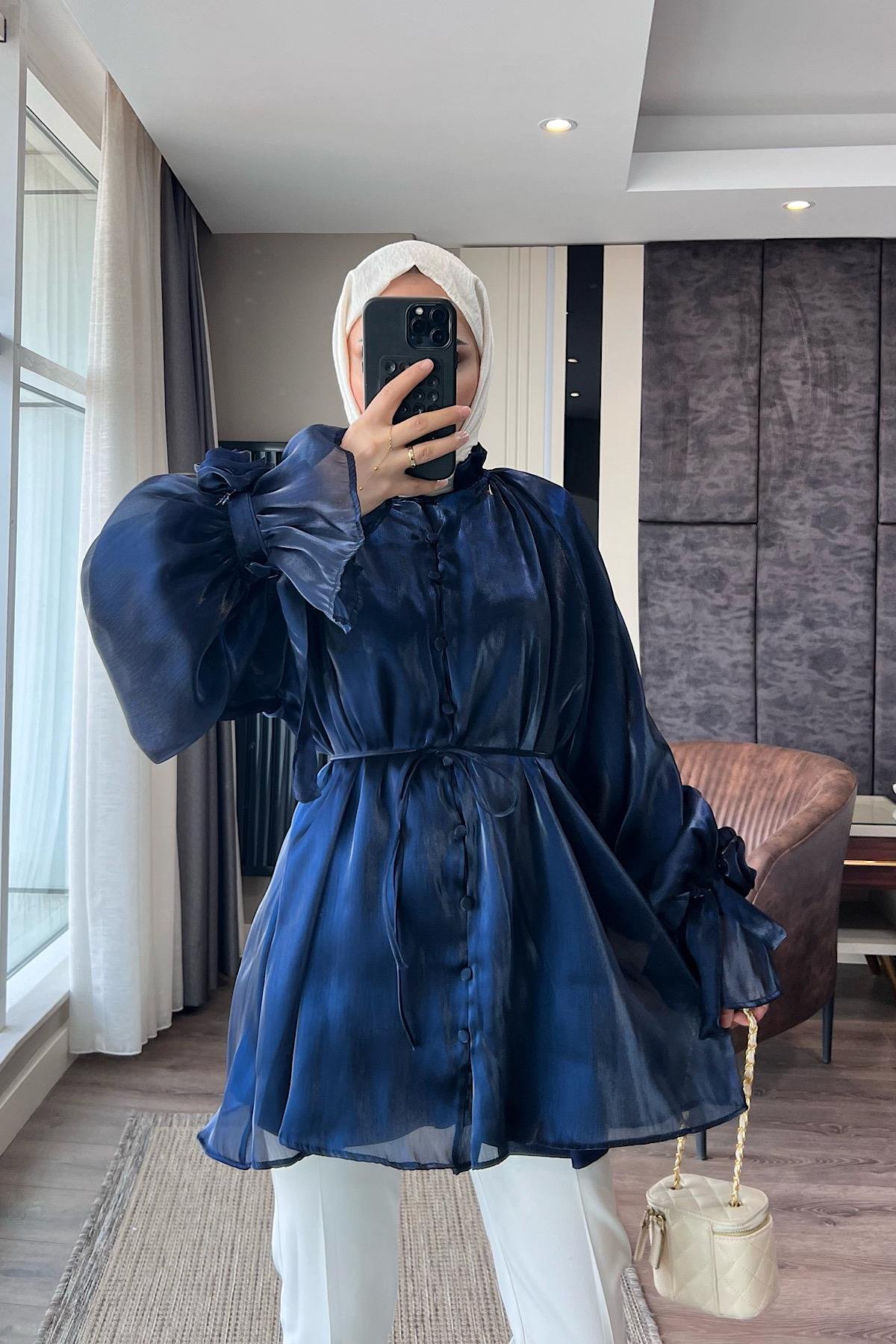 Organze Gül Detaylı Tunik LacivertDubaiShowroomÜST GİYİM8971