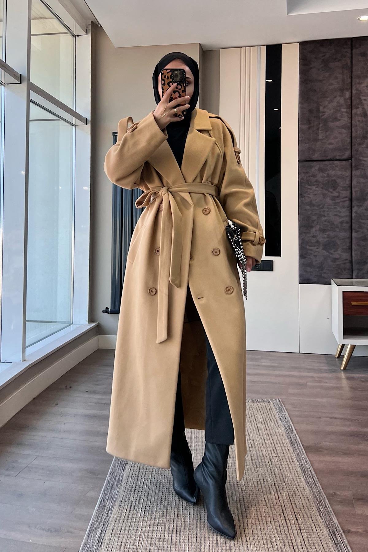 Kuşaklı Kaşe Kaban CamelDubaiShowroomDIŞ GİYİM70028