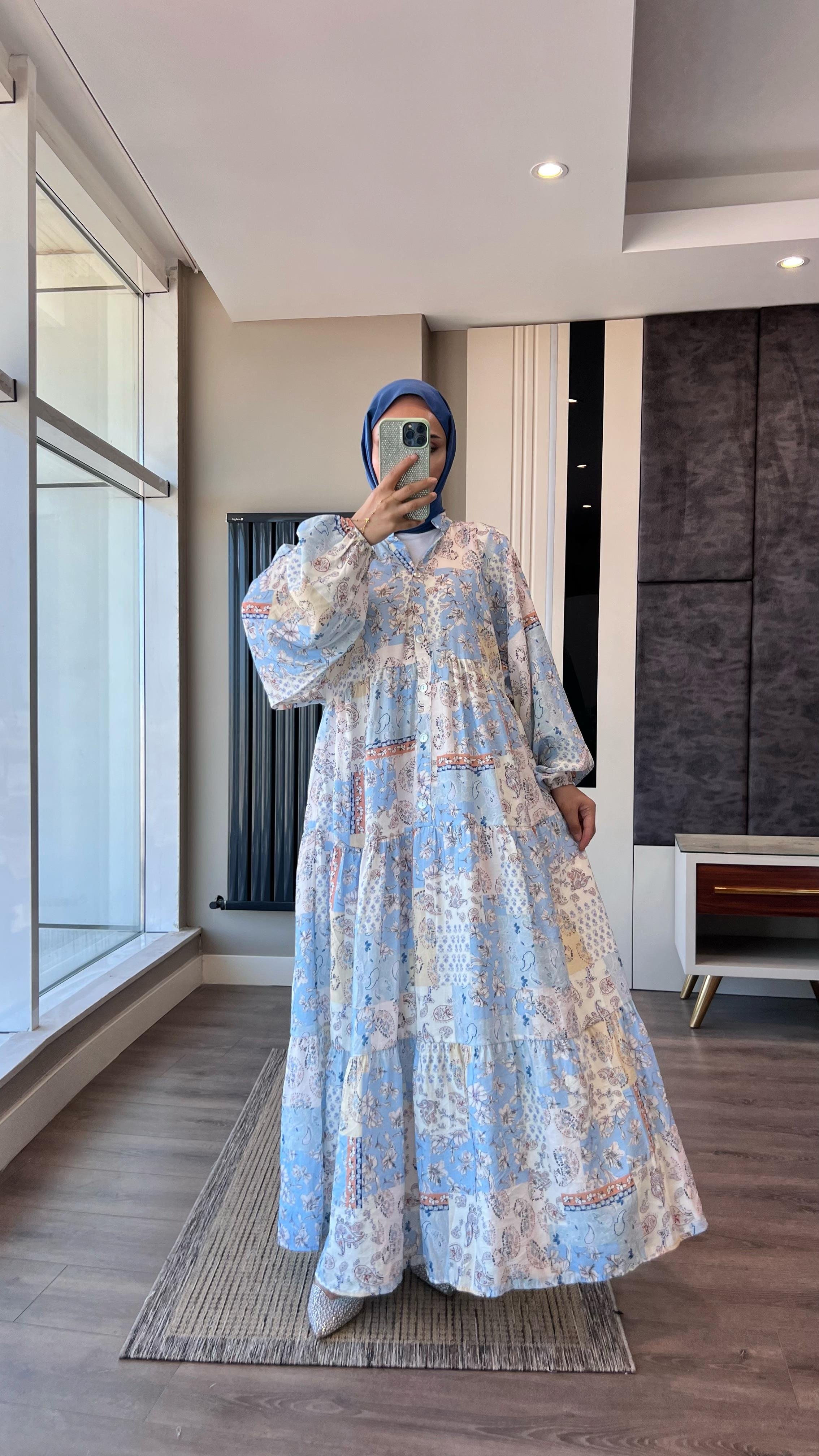 Yarım Patlı Desenli Elbise MaviDubaiShowroomELBİSELER01551-MAVİ