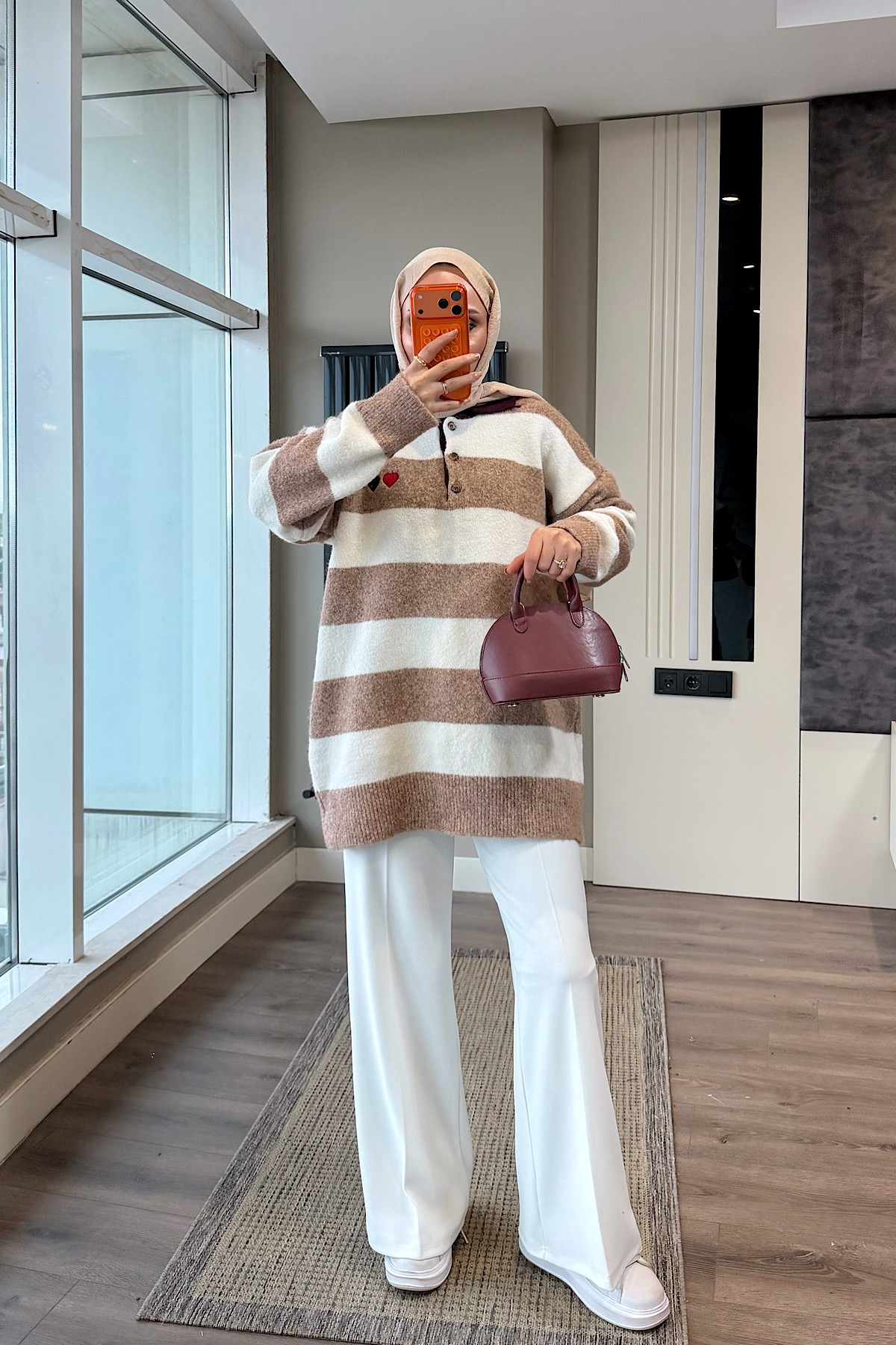 Polo Yaka Camel Beyaz Çizgili Yumoş TunikDubaiShowroomÜST GİYİM00968