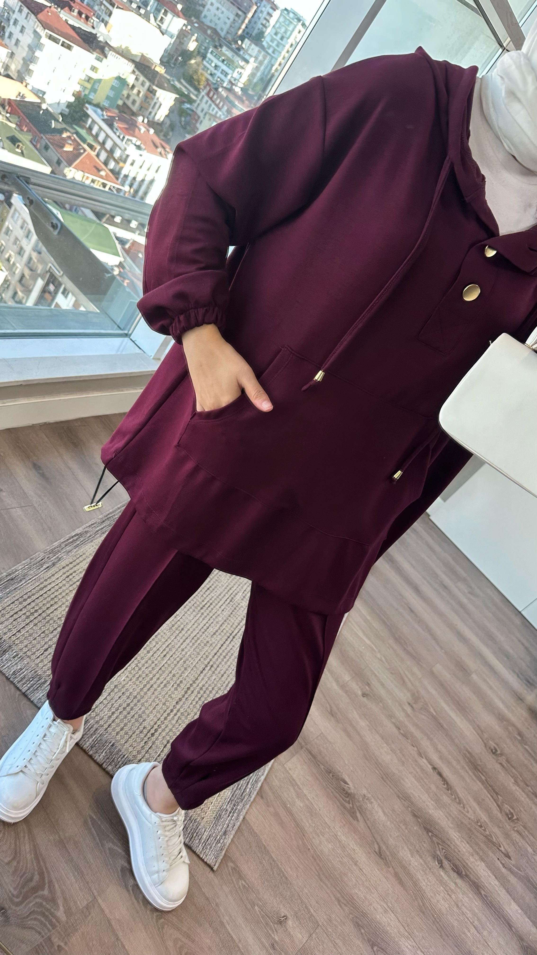 Paçası Pensli Kapşonlu Takım BordoDubaiShowroomTAKIM01038