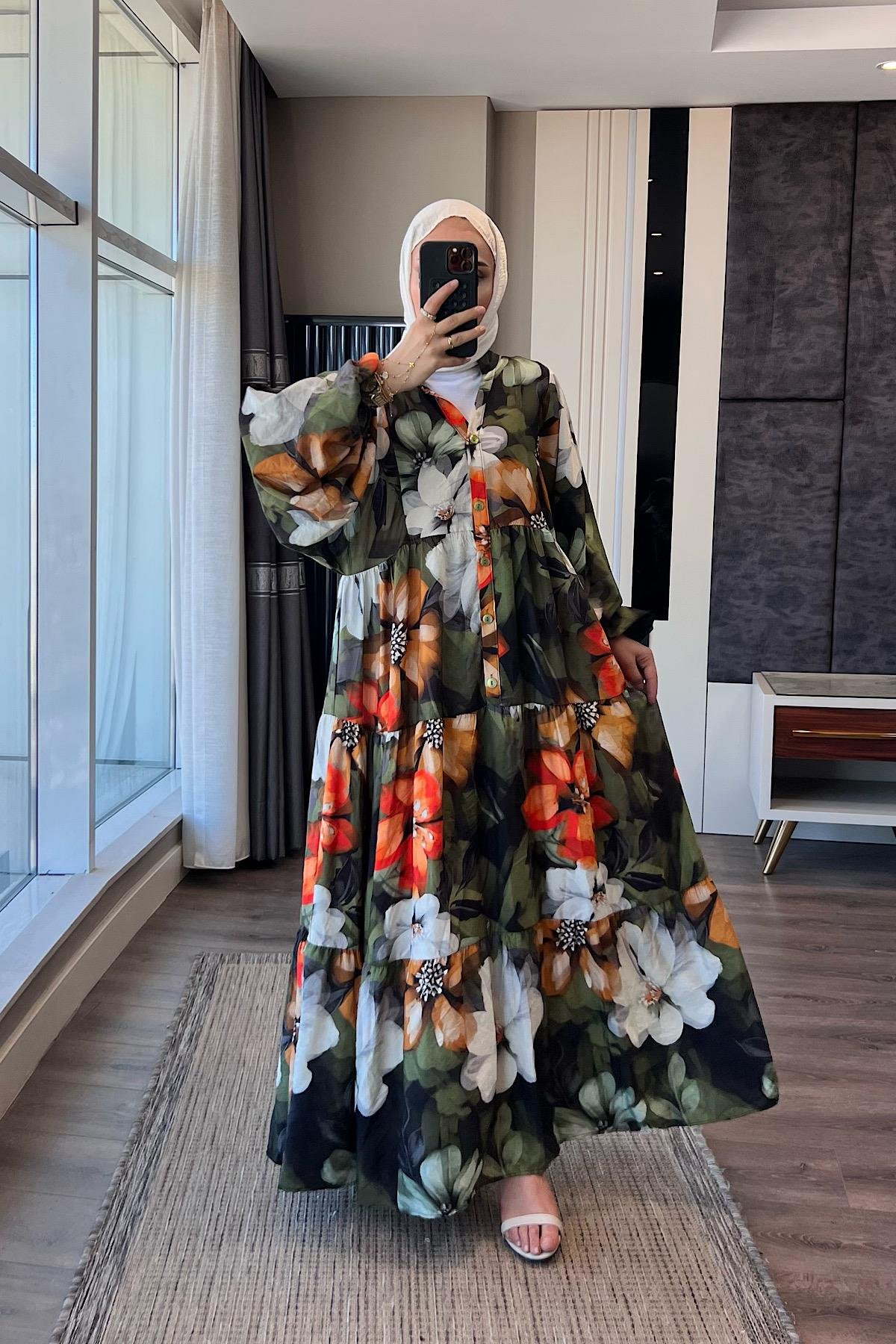 Çiçek desenli yarım patlı elbise YeşilDubaiShowroomELBİSELER01551