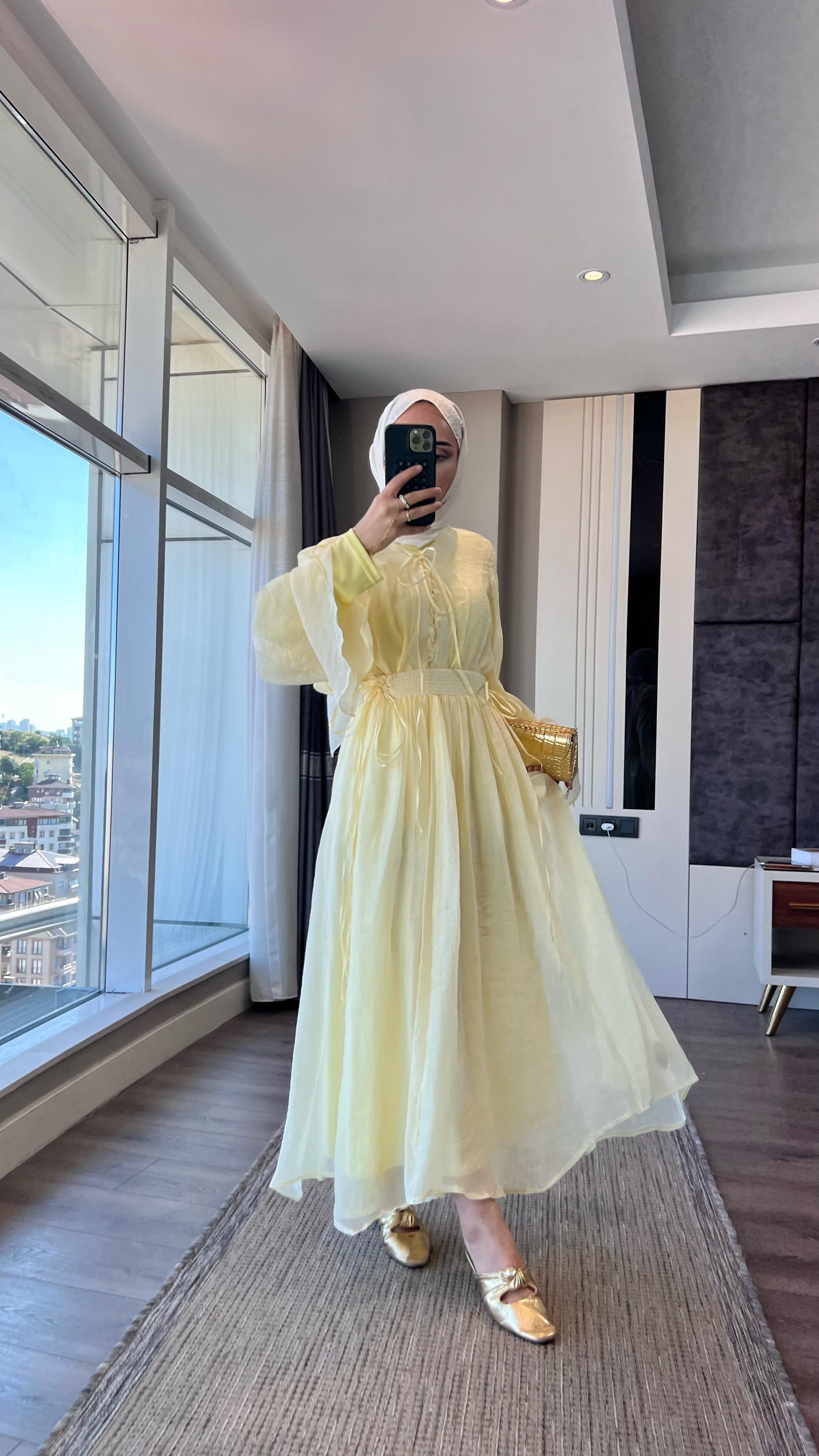 Örgü Yaka Etekli Takım SarıDubaiShowroomTAKIM02309-SARI
