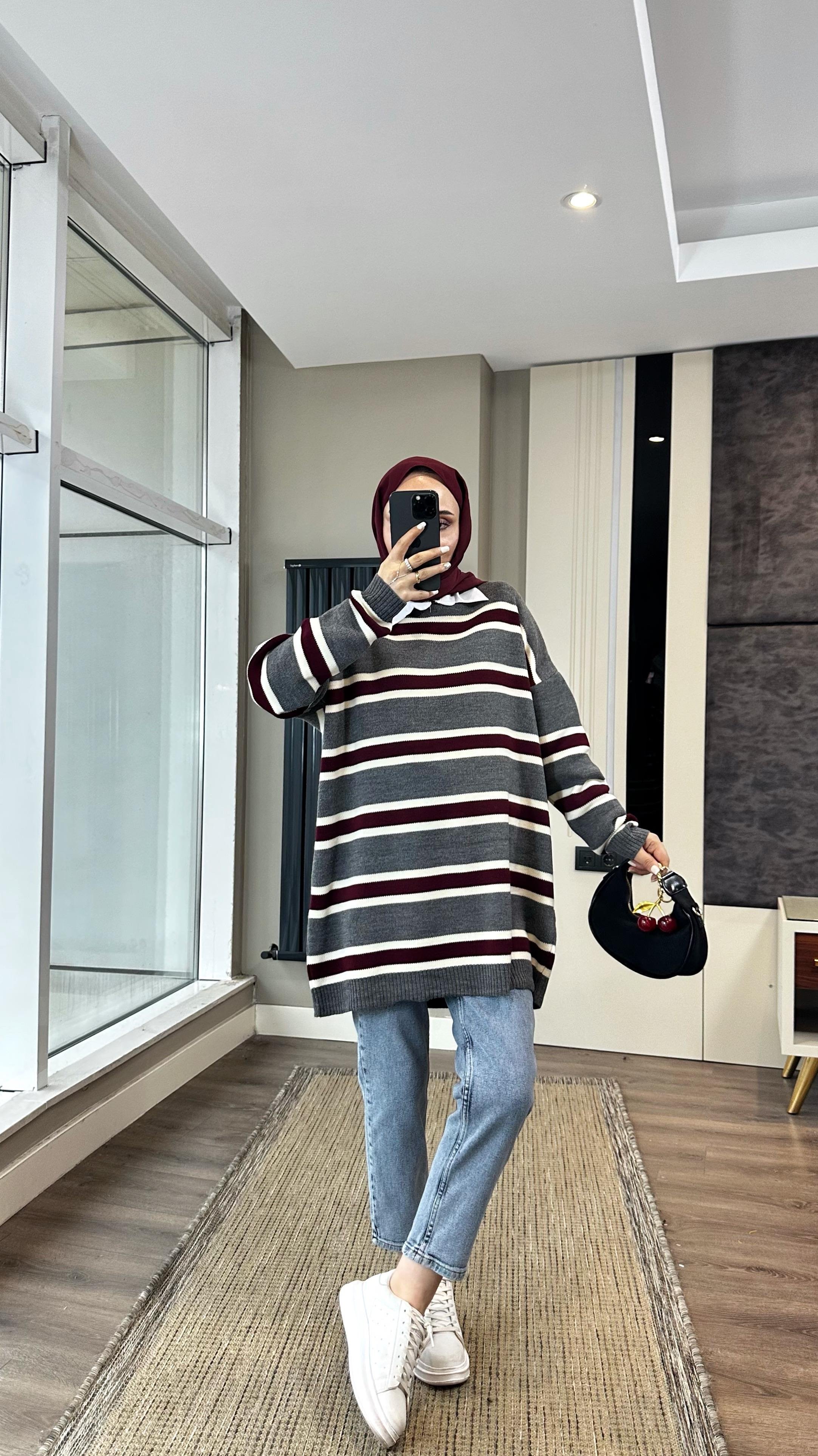 Çizgili Tunik GriDubaiShowroomDIŞ GİYİM09390