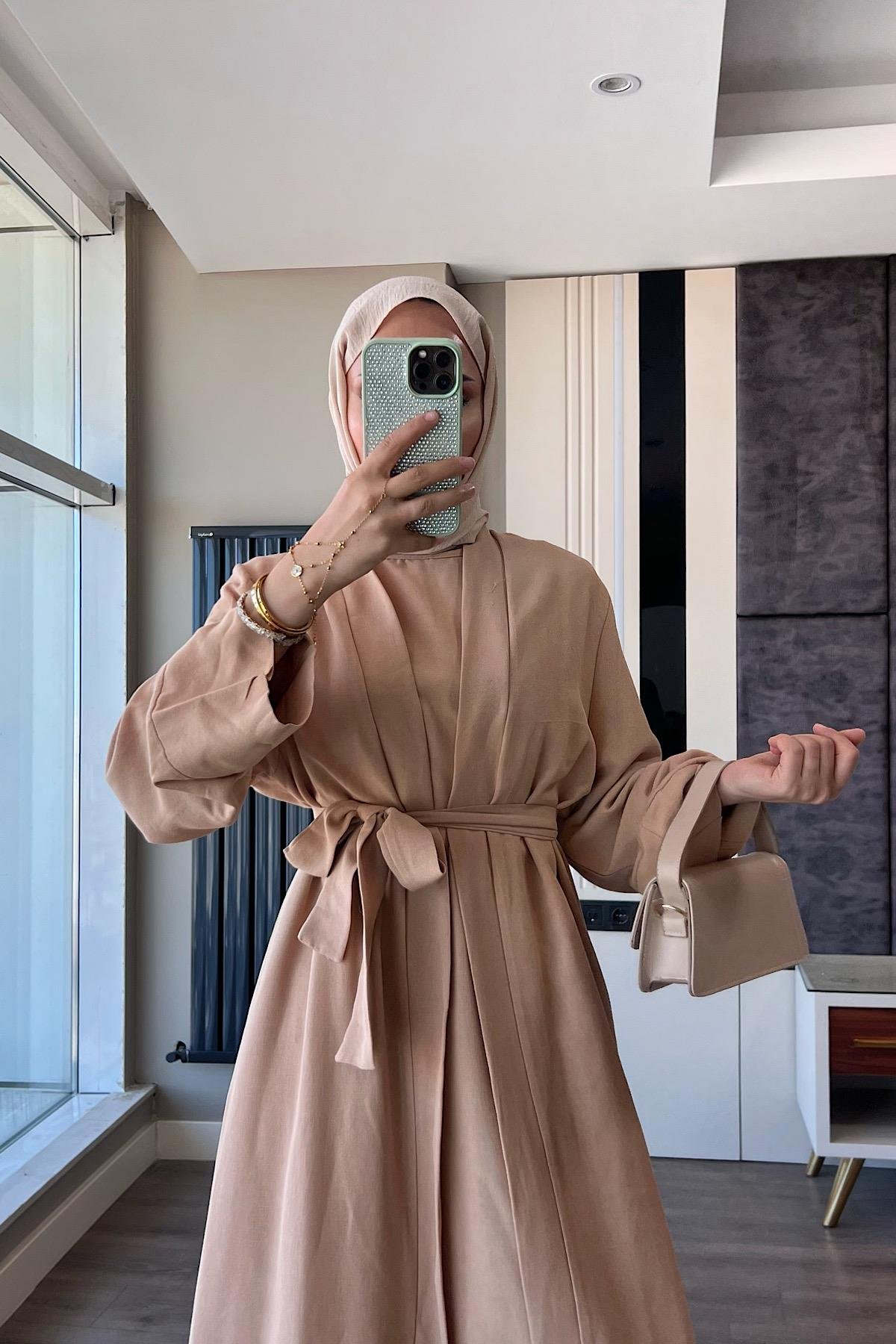 İçi Sıfır Kol İkili Abaya Takım CamelDubaiShowroomELBİSELER049190-CML