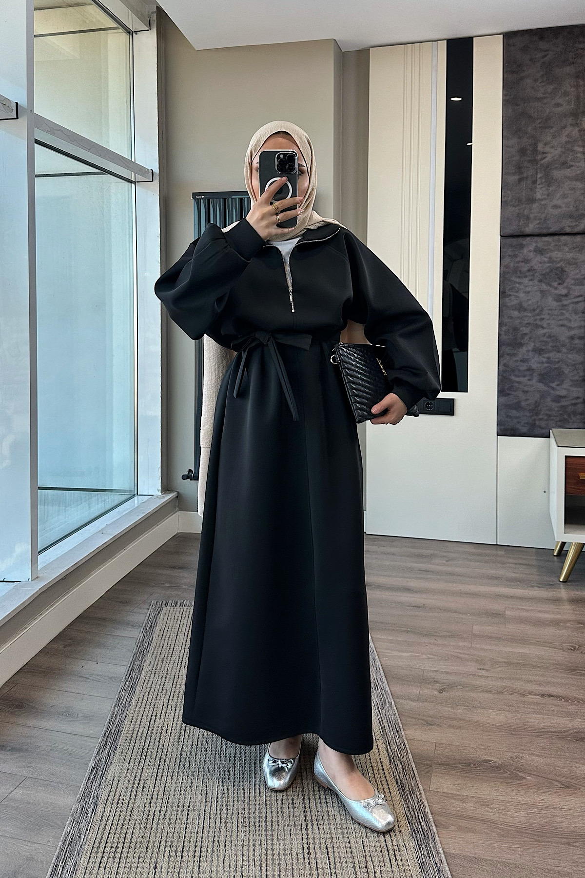 Yakası Fermuarlı Skuba Elbise SiyahDubaiShowroomELBİSELER00970