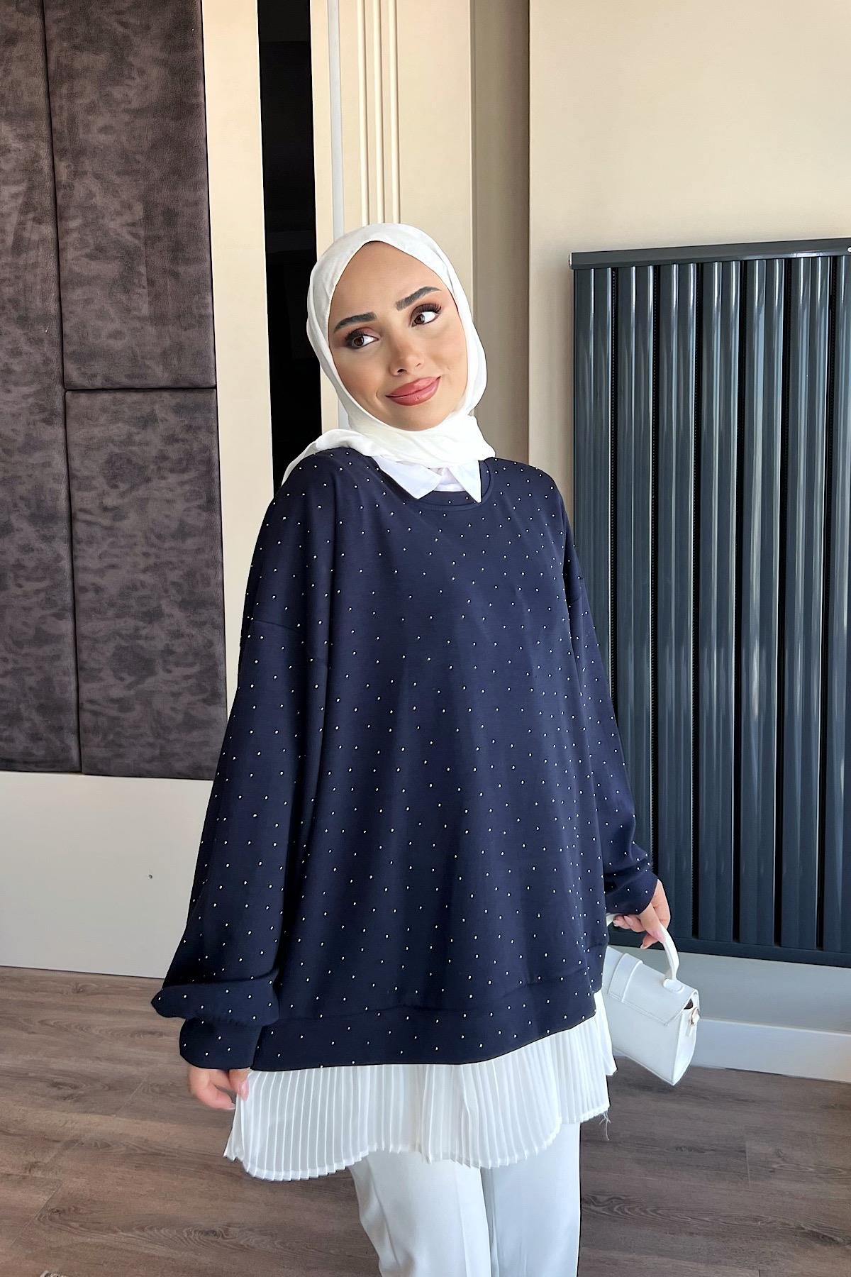 Kendinden Pileli Taşlı Sweat  LacivertDubaiShowroomSWEAT01069