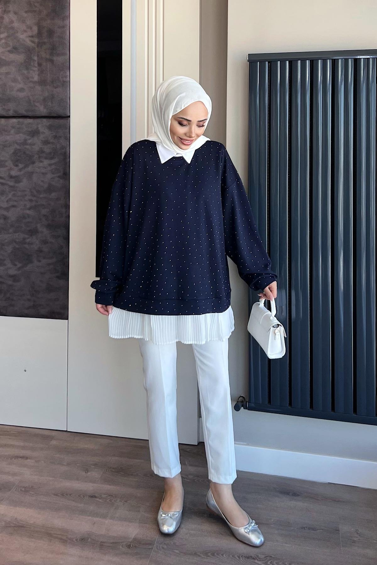 Kendinden Pileli Taşlı Sweat  LacivertDubaiShowroomSWEAT01069