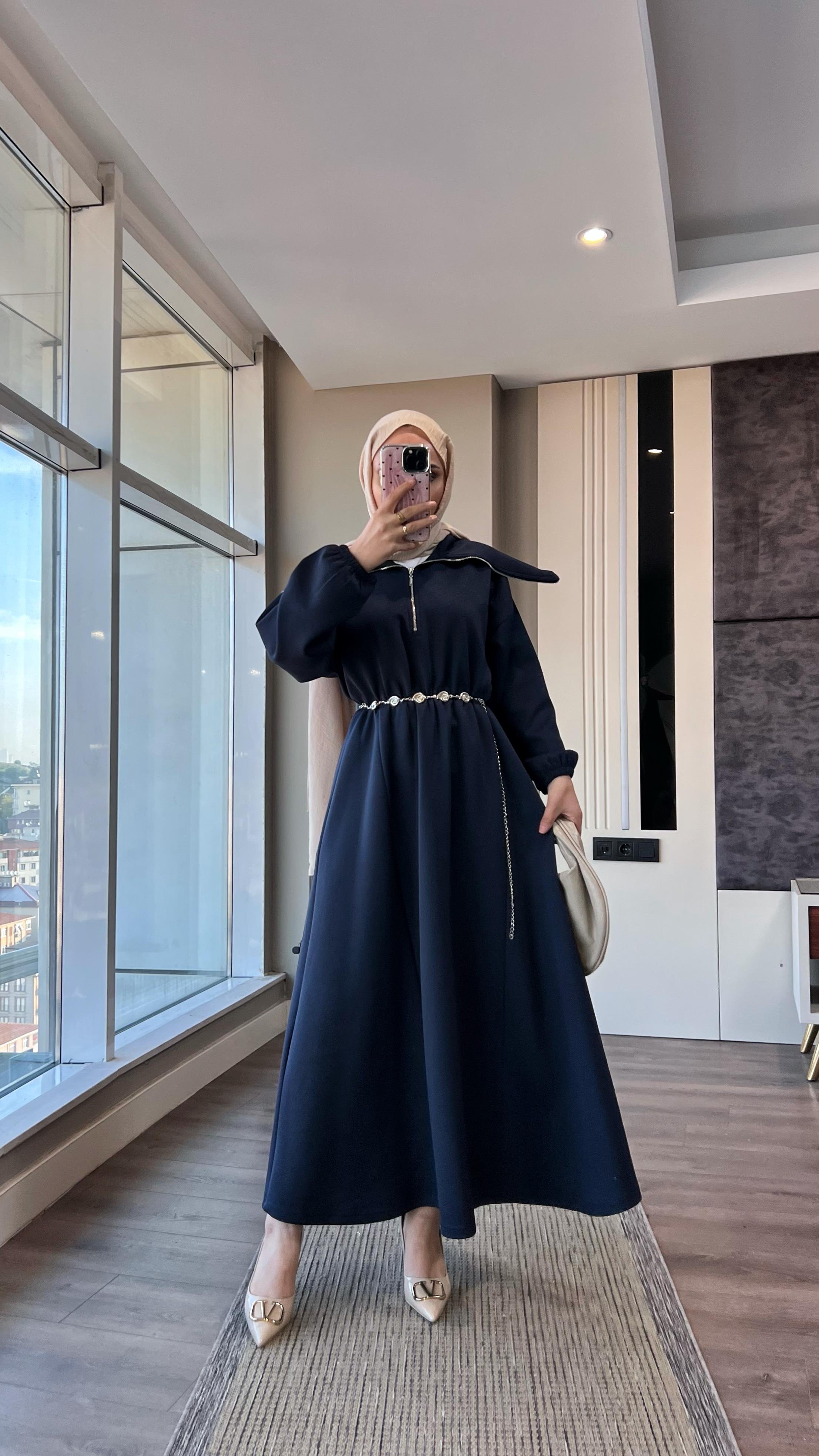 Yakası Geniş Skuba Elbise LacivertDubaiShowroomELBİSELER01053