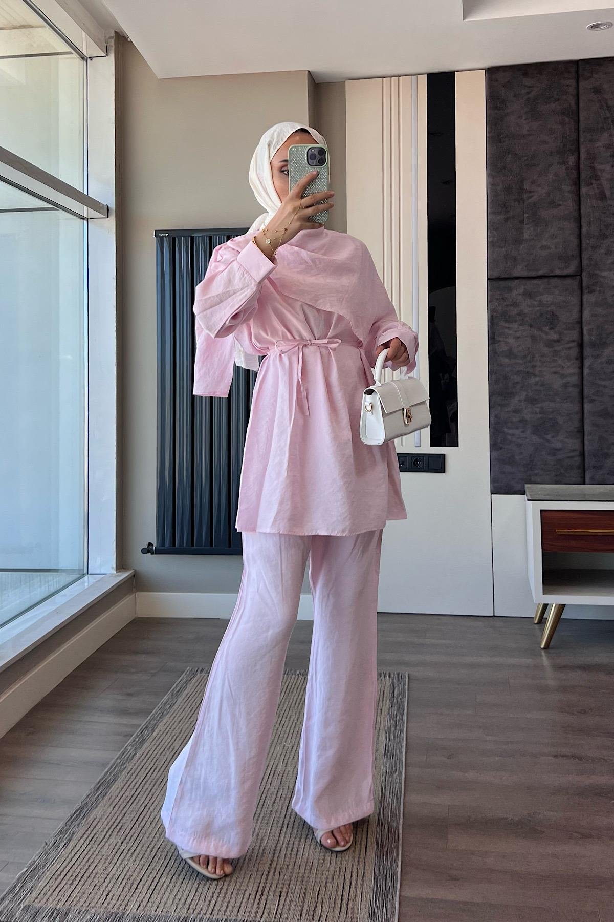 Omuz Şal Atkı Detay Takım Toz PembeDubaiShowroomTAKIM07426-PEMBE