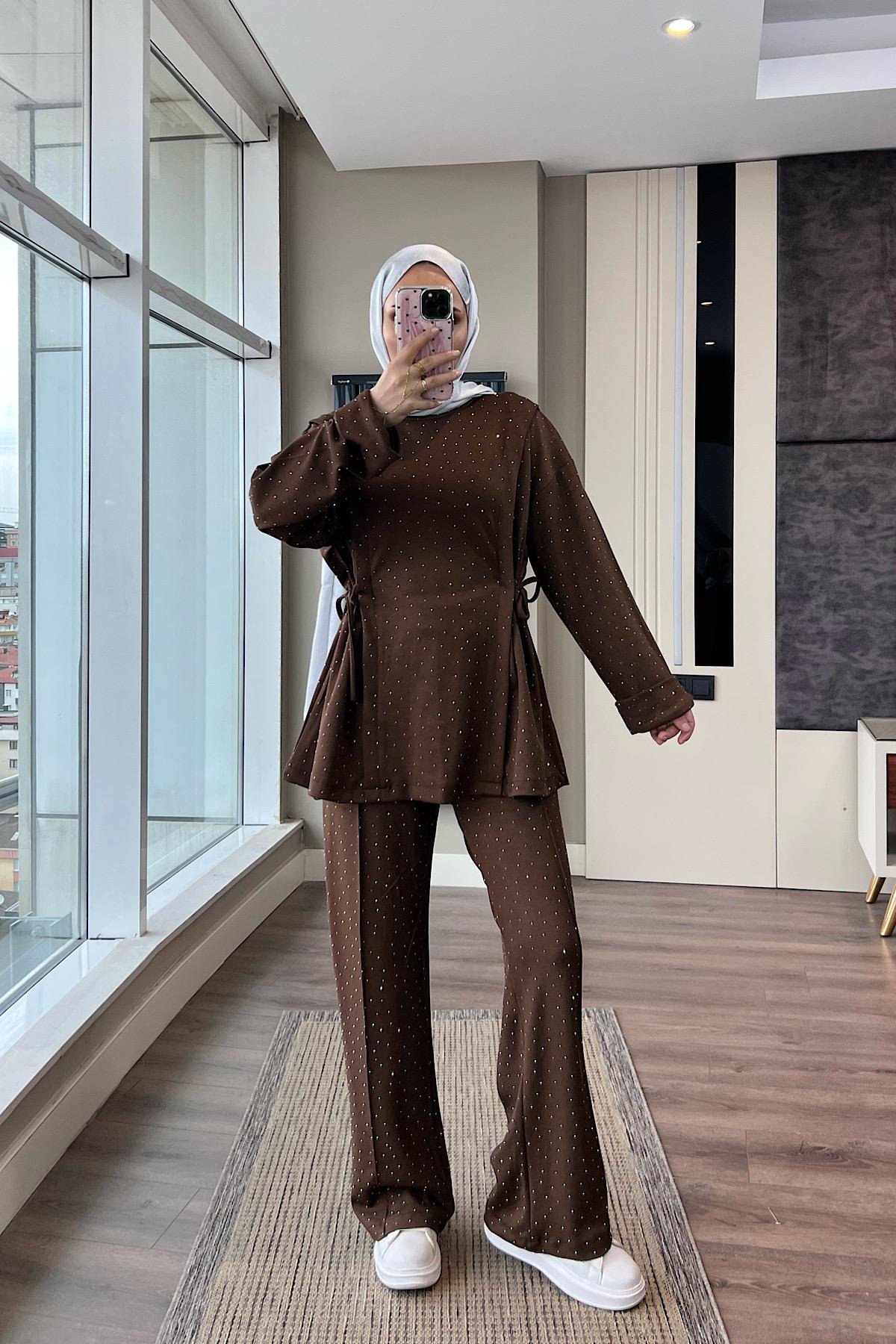 Yandan Bağcıklı Taşlı Oysho Takım Kahverengi DubaiShowroomTAKIM01039