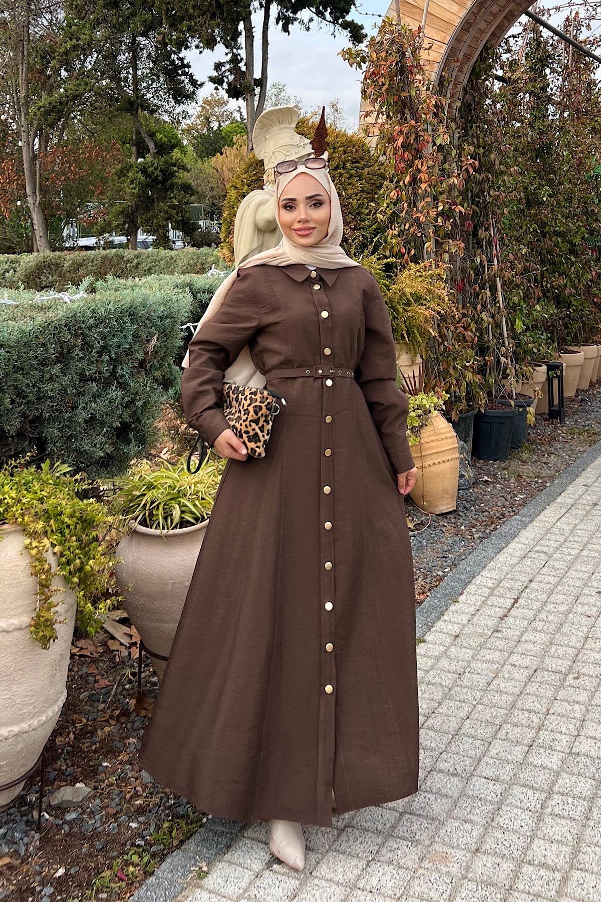Kemerli Elbise KahverengiDubaiShowroomELBİSELER01152