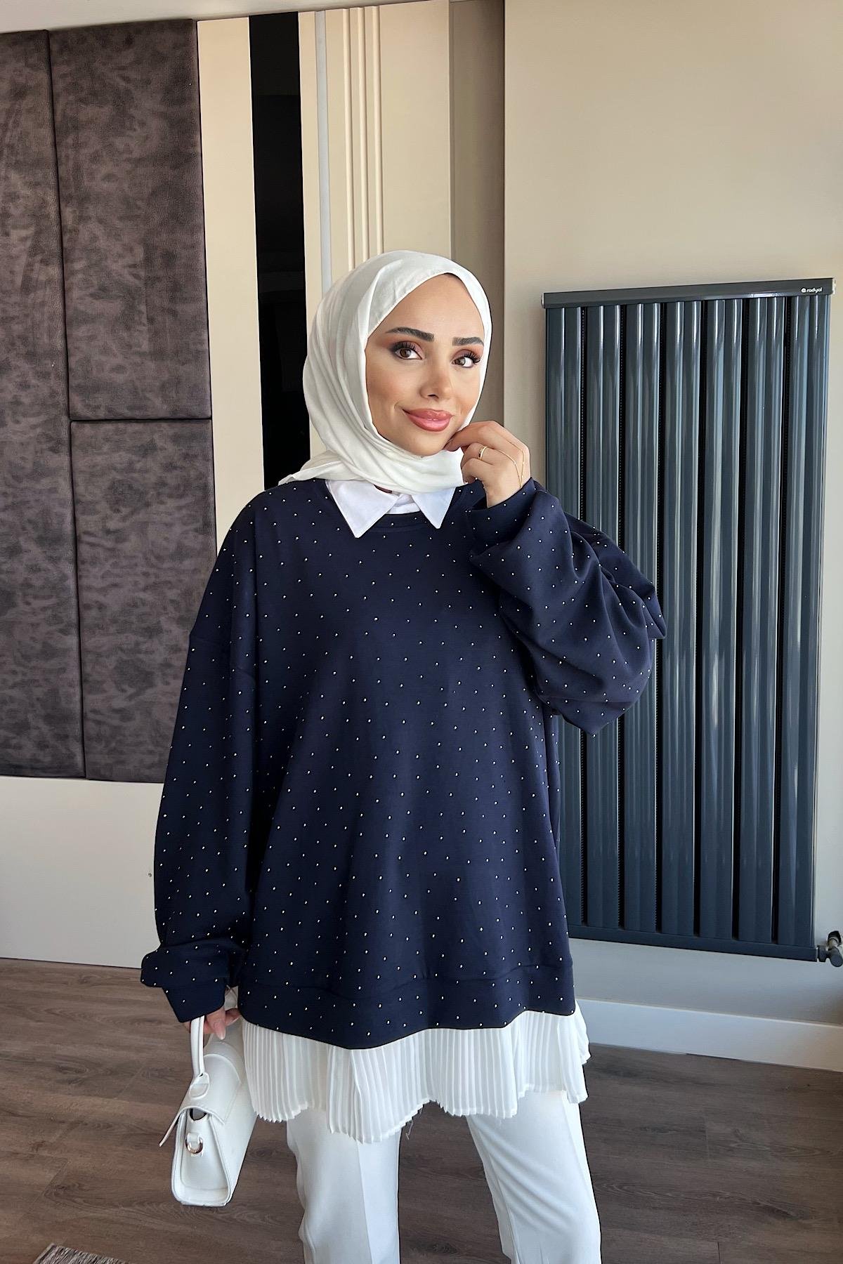 Kendinden Pileli Taşlı Sweat  LacivertDubaiShowroomSWEAT01069