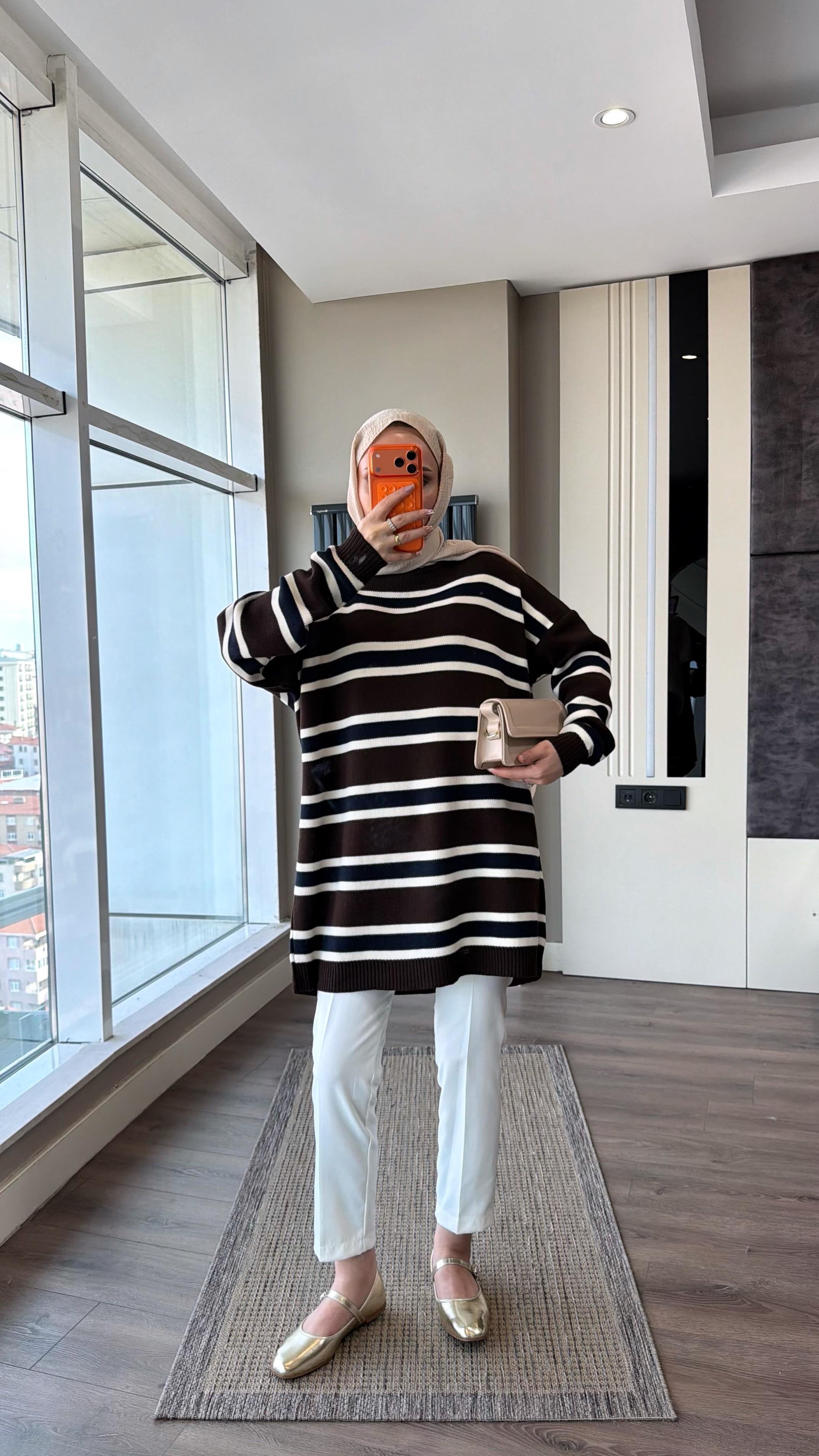 Çizgili Tunik KahverengiDubaiShowroomDIŞ GİYİM09390