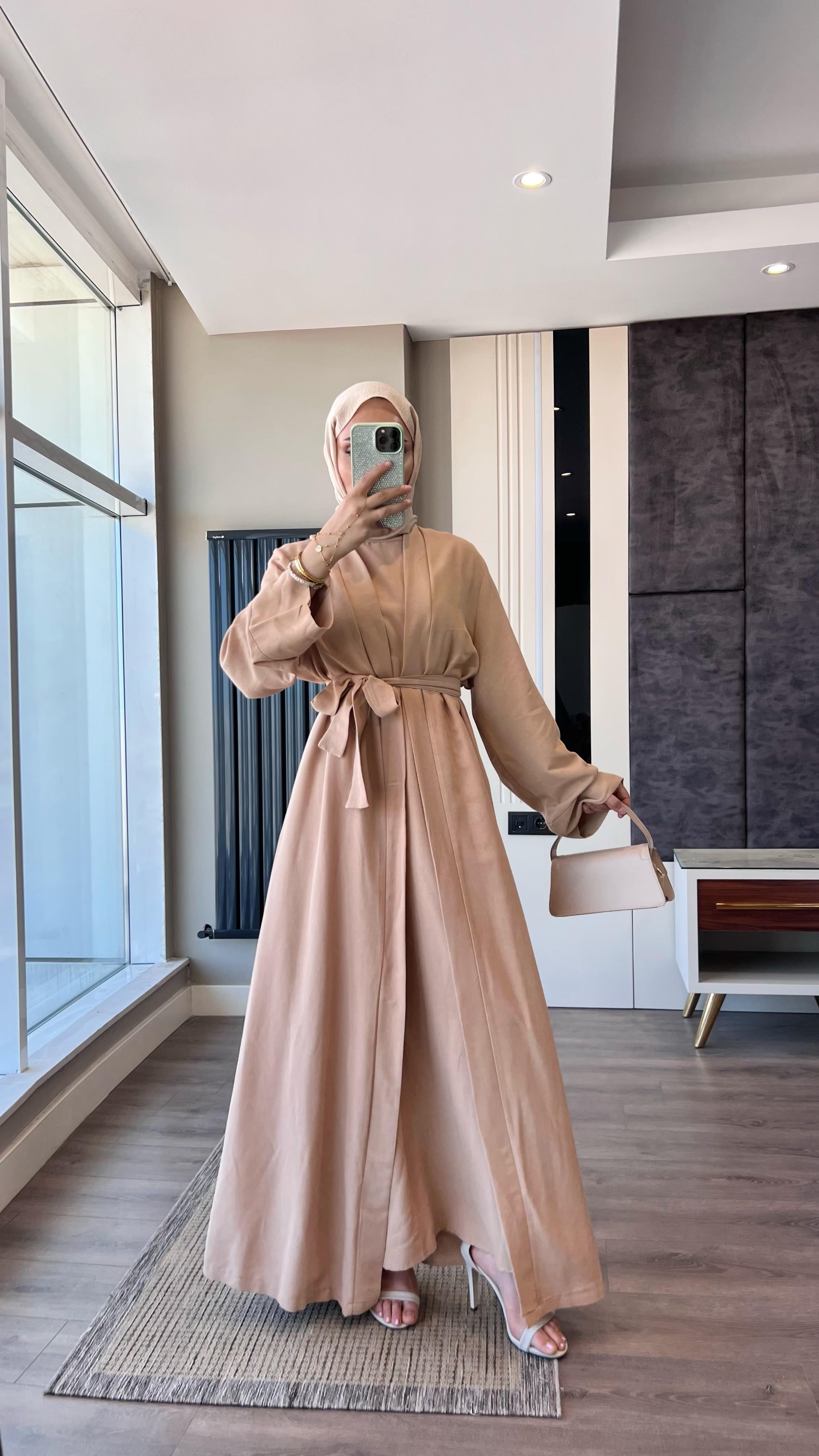 İçi Sıfır Kol İkili Abaya Takım CamelDubaiShowroomELBİSELER049190-CML